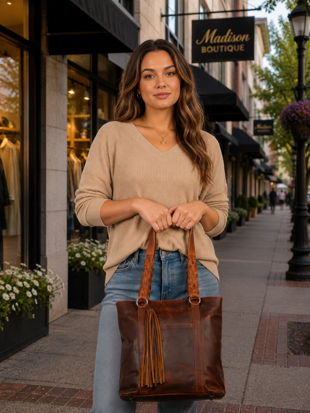 A woman wearing a beige long-sleeve top and light blue jeans carries a large brown leather tote bag with tassel fringe on a city sidewalk carrying The Bella Concealed Carry Tote in Cognac