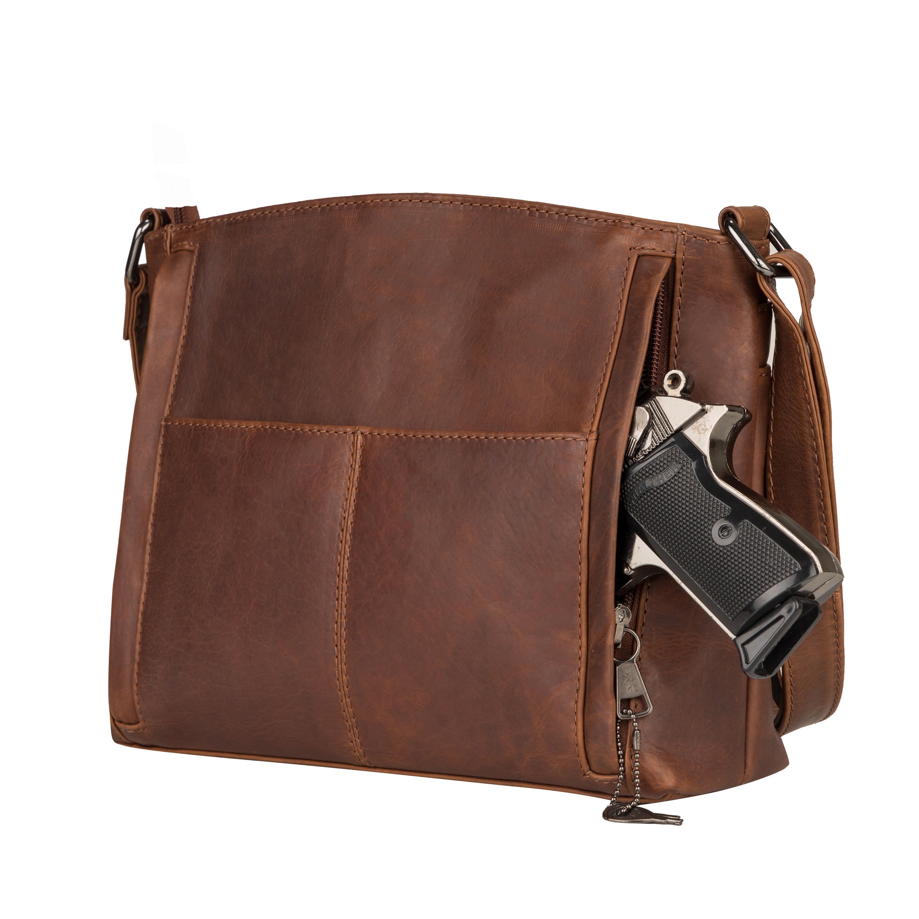 A brown leather crossbody bag with multiple zippered pockets, shown on a white background with a handgun partially inserted into one of the side pockets.