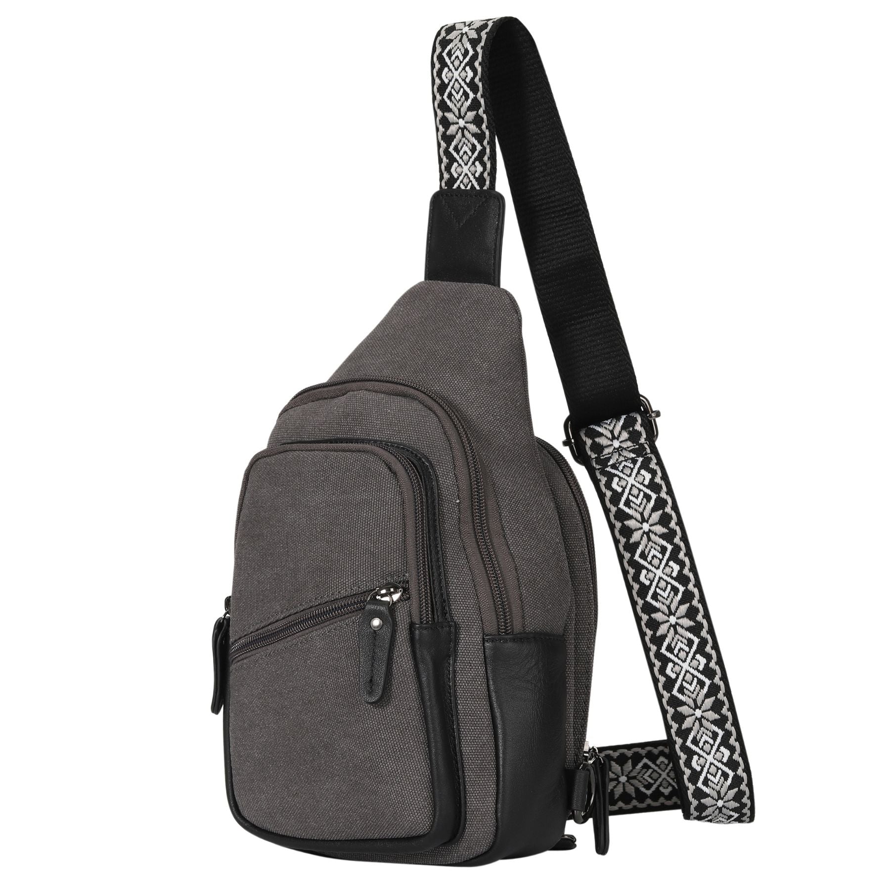 Unisex concealed carry canvas sling, urban and travel-friendly bag with hidden holster and soft gray lining