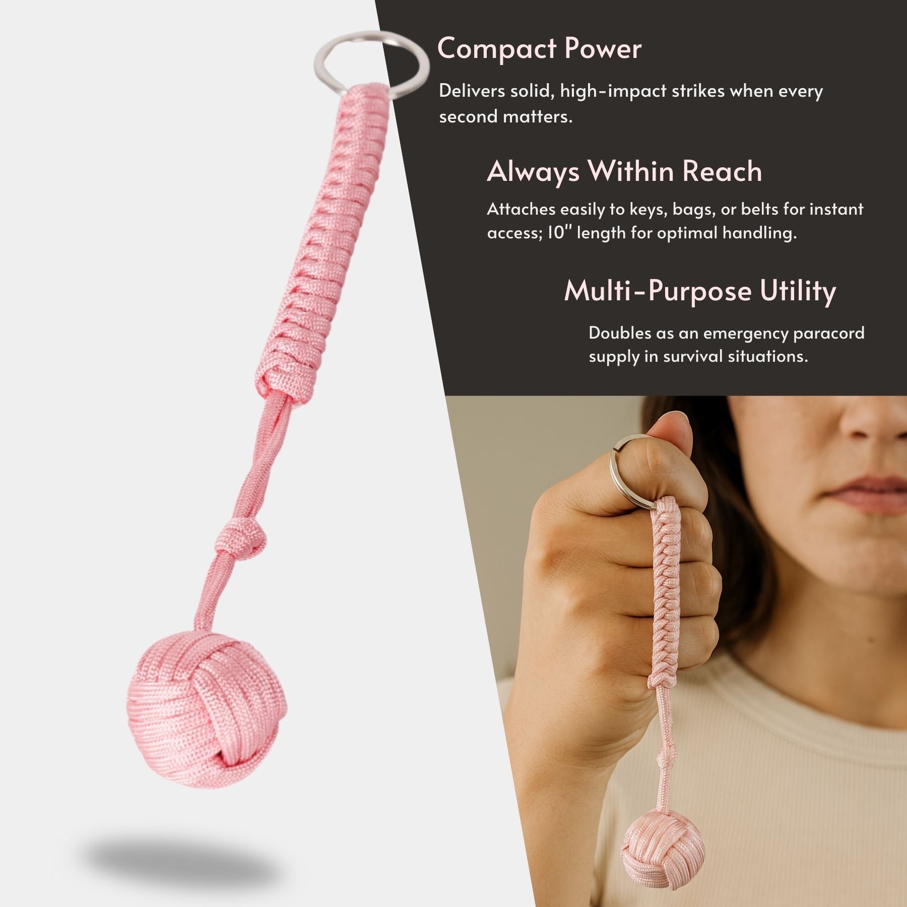 Tactical paracord monkey fist with knotted grip and durable keyring attachment Infographic