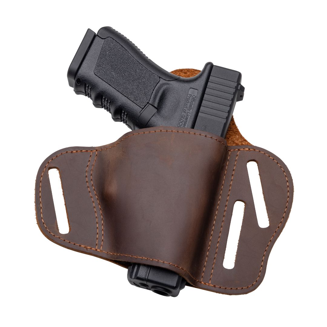 Slim low-profile pancake holster in genuine leather designed for all-day comfort and firearm security for Men