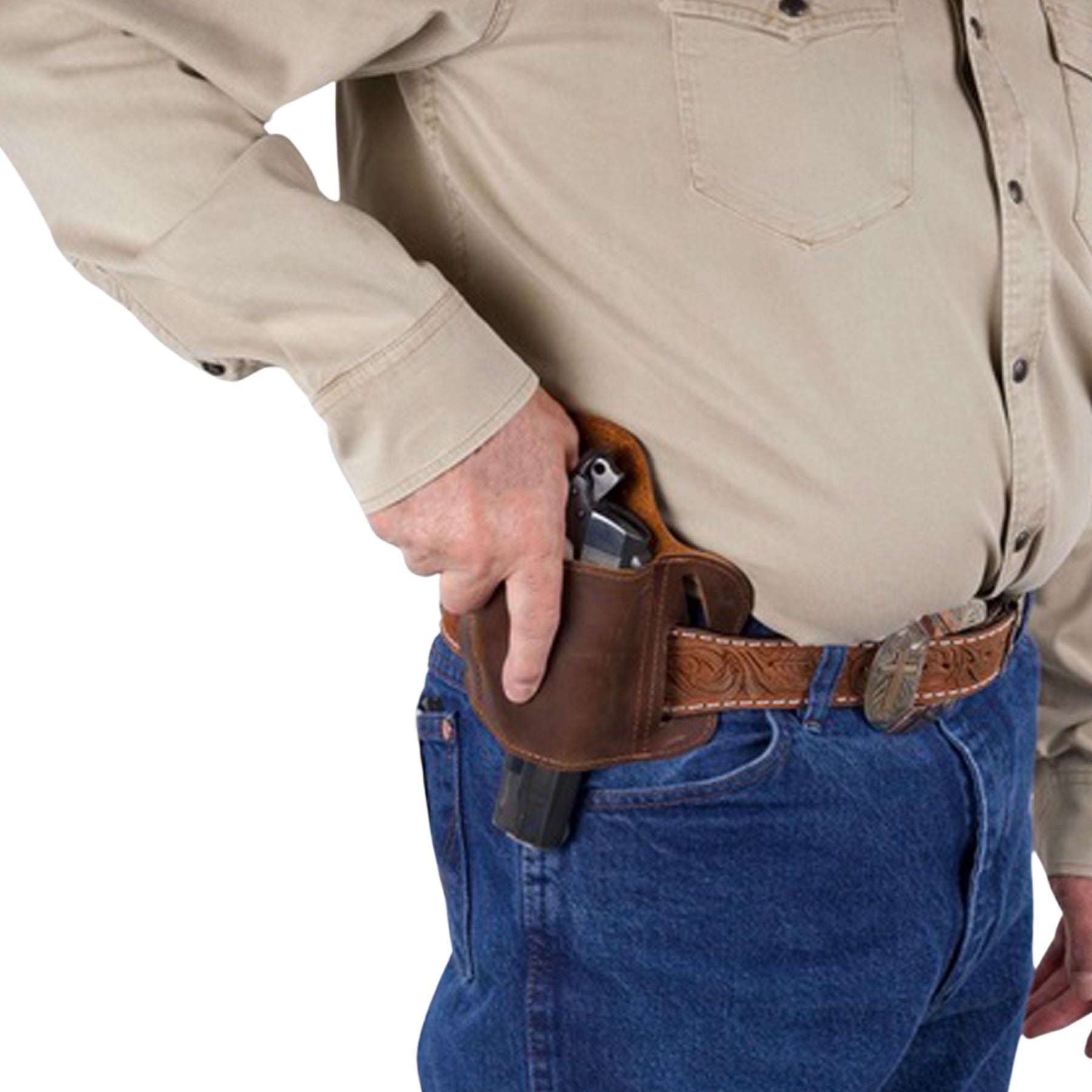 Durable right-hand leather holster with triple-slot versatility for strong-side or cross-draw carry