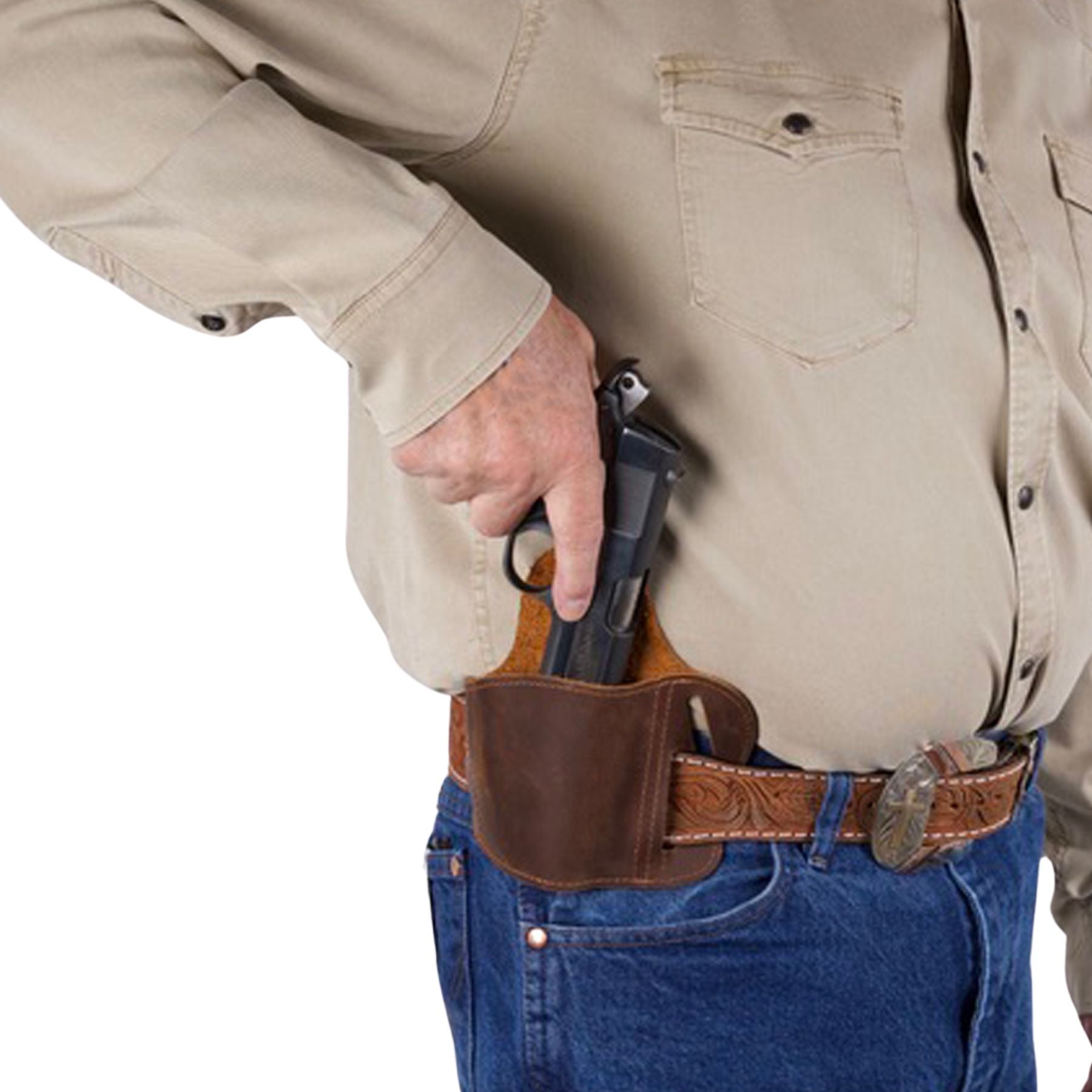 Slim low-profile pancake holster in genuine leather designed for all-day comfort and firearm security