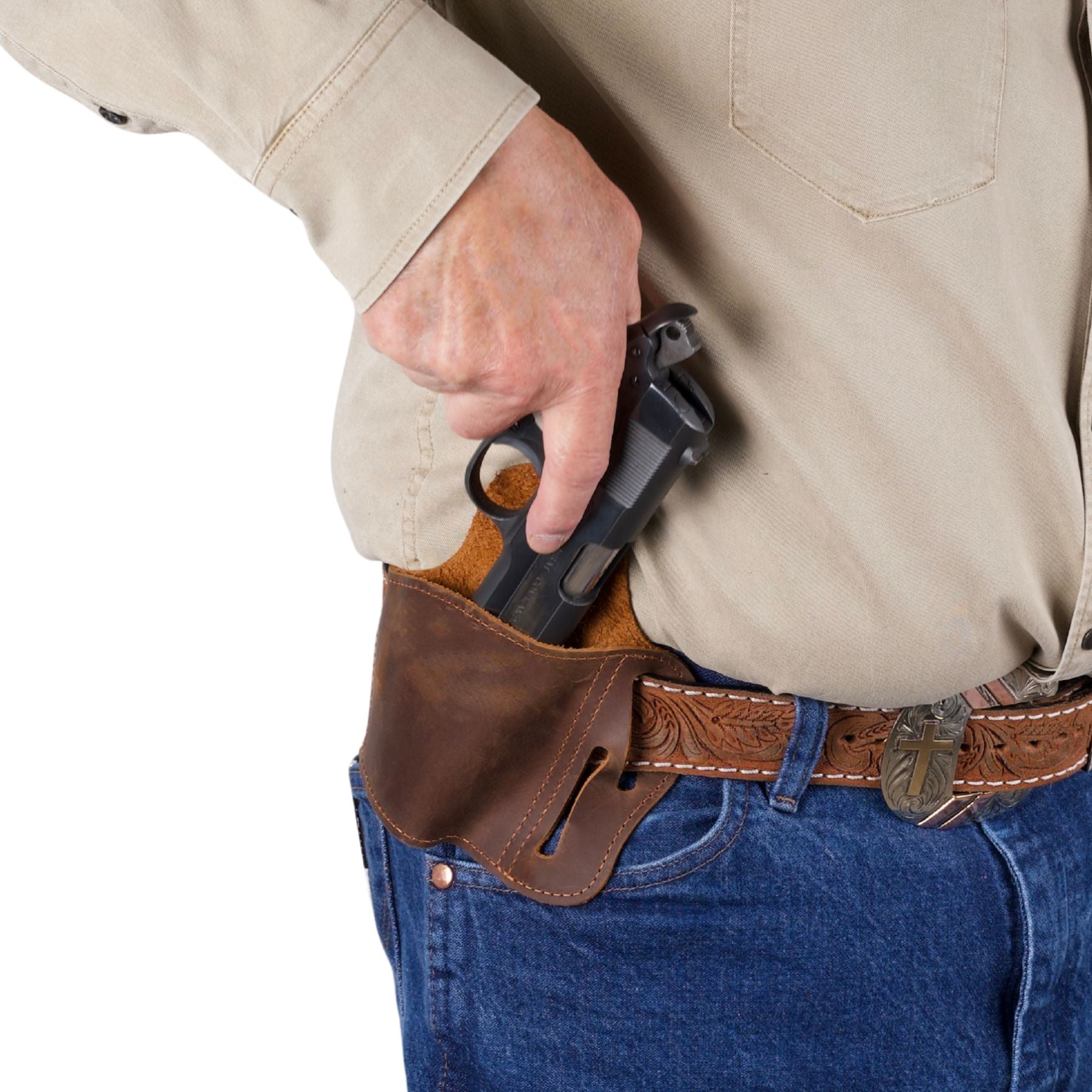 Durable right-hand leather holster with triple-slot versatility for strong-side or cross-draw carry