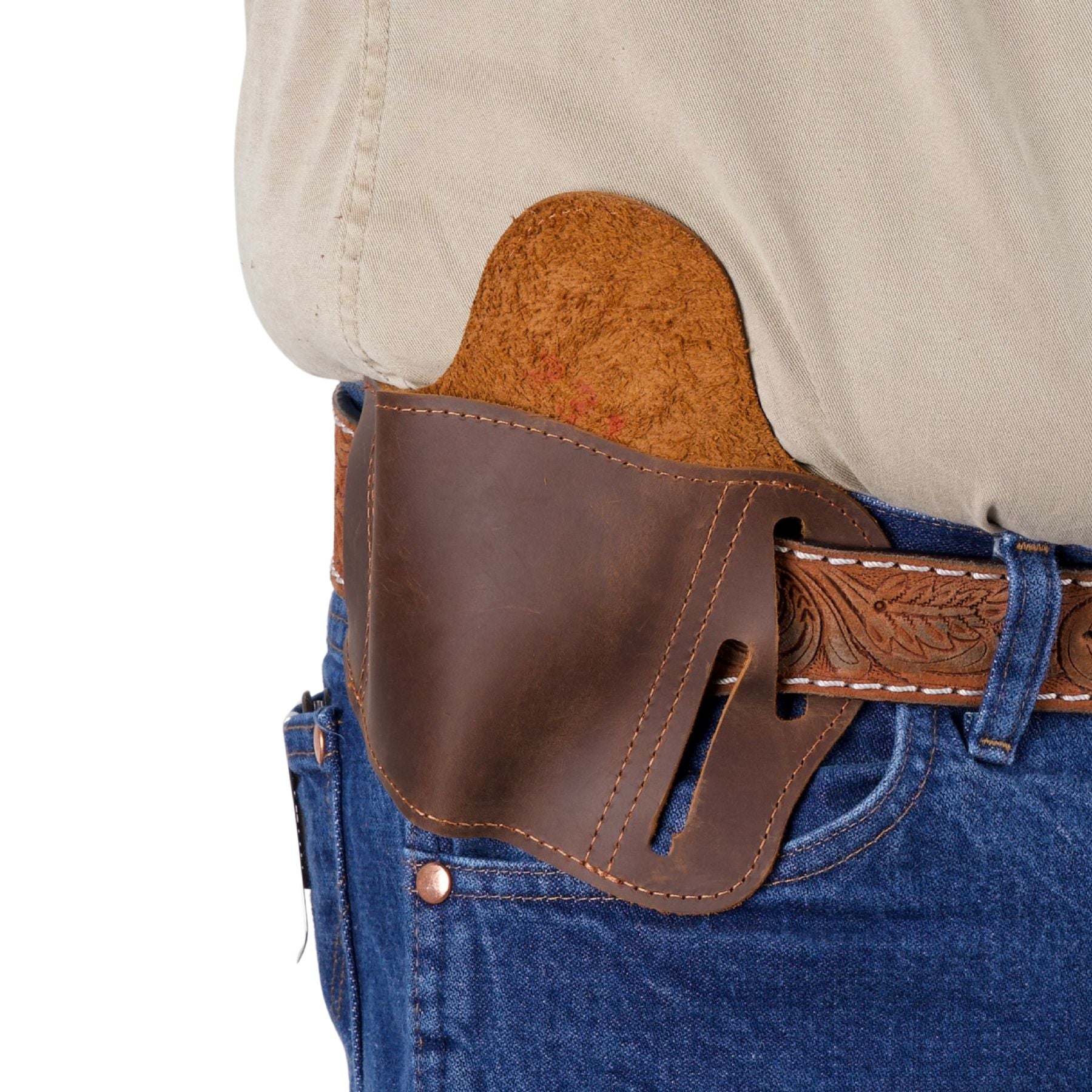Durable right-hand leather holster with triple-slot versatility for strong-side or cross-draw carry