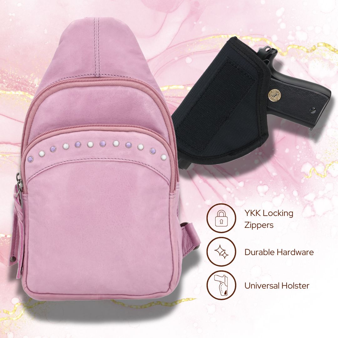 Concealed Carry Haven Sling Leather Backpack by Lady Conceal - Anti Theft Locking Leather Bag - Gun Backpack - Universal Holster for Pistol - Tactical Firearm Gear