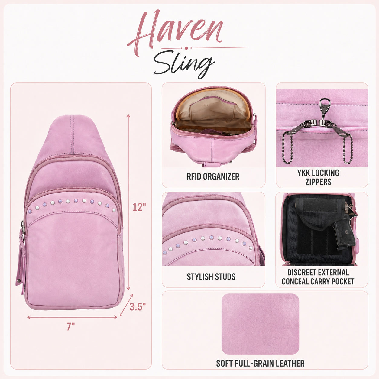 Pink Haven Sling backpack shown with feature callouts on a light pink background, including dimensions, RFID organizer, YKK locking zippers, stylish studs, discreet external conceal carry pocket, and soft full-grain leather material.