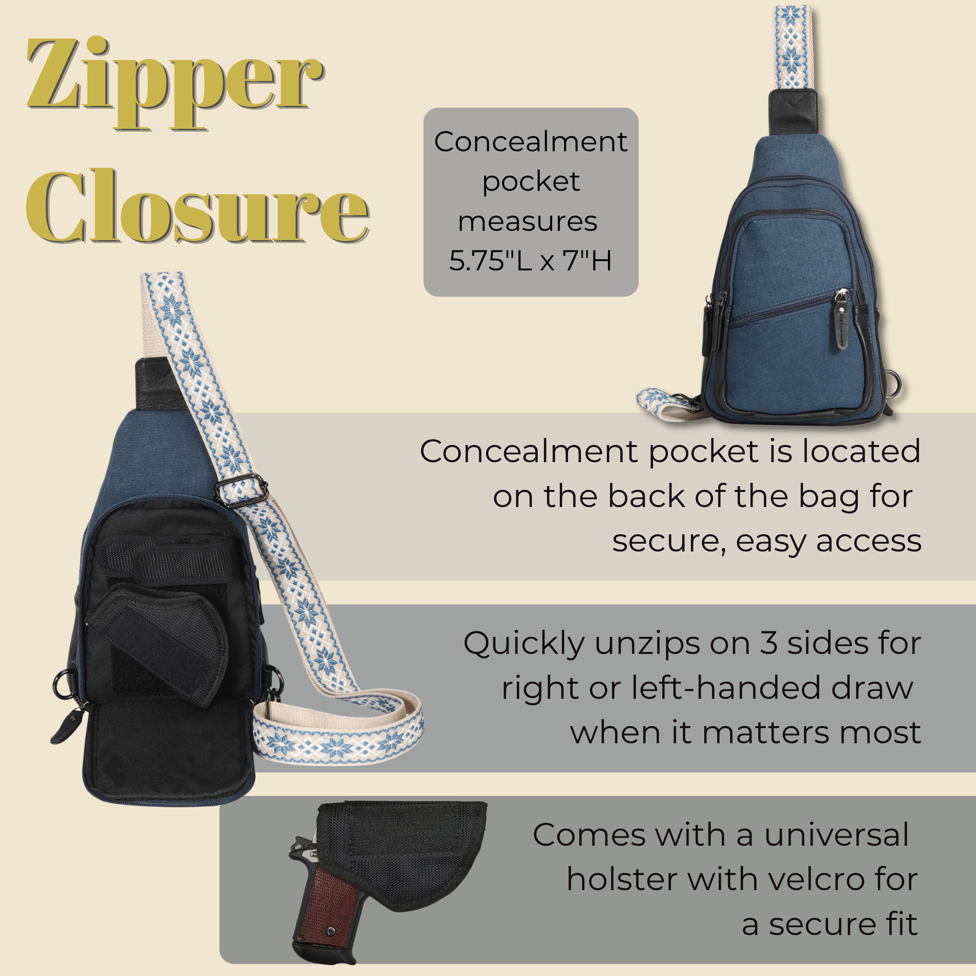 Concealed Carry Indie Canvas Sling by DS Conceal — Unisex CCW Sling Bag with Fast-Access Compartment & Universal Holster