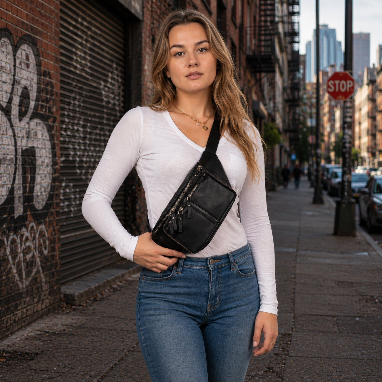 A woman wearing a white long-sleeve top and blue jeans stands on a city sidewalk, carrying a Unisex fanny pack Gun Leather Bag, Gun belt bag for men and women, Universal Holster Gun Bag, Concealed Carry Jessie Unisex Lambskin Belt Bag, DS Conceal, Outdoor Conceal Carry, best gun carrying sling, best gun carrying fanny pack