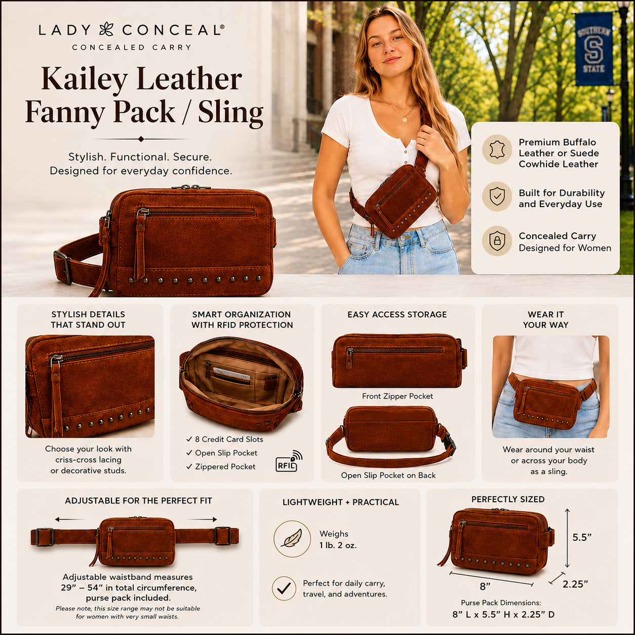 A promotional infographic for the Lady Conceal Kailey Leather Fanny Pack Leather Purse Pack - Lady Conceal - Concealed Carry Purse - most popular crossbody bag - crossbody handgun bag - crossbody bags for everyday use - Lady Conceal - Unique Hide Purse - Locking YKK Purse - Fanny Pack for Gun and Pistol - Easy CCW - Fast Draw Bag - Secure Gun Bag
