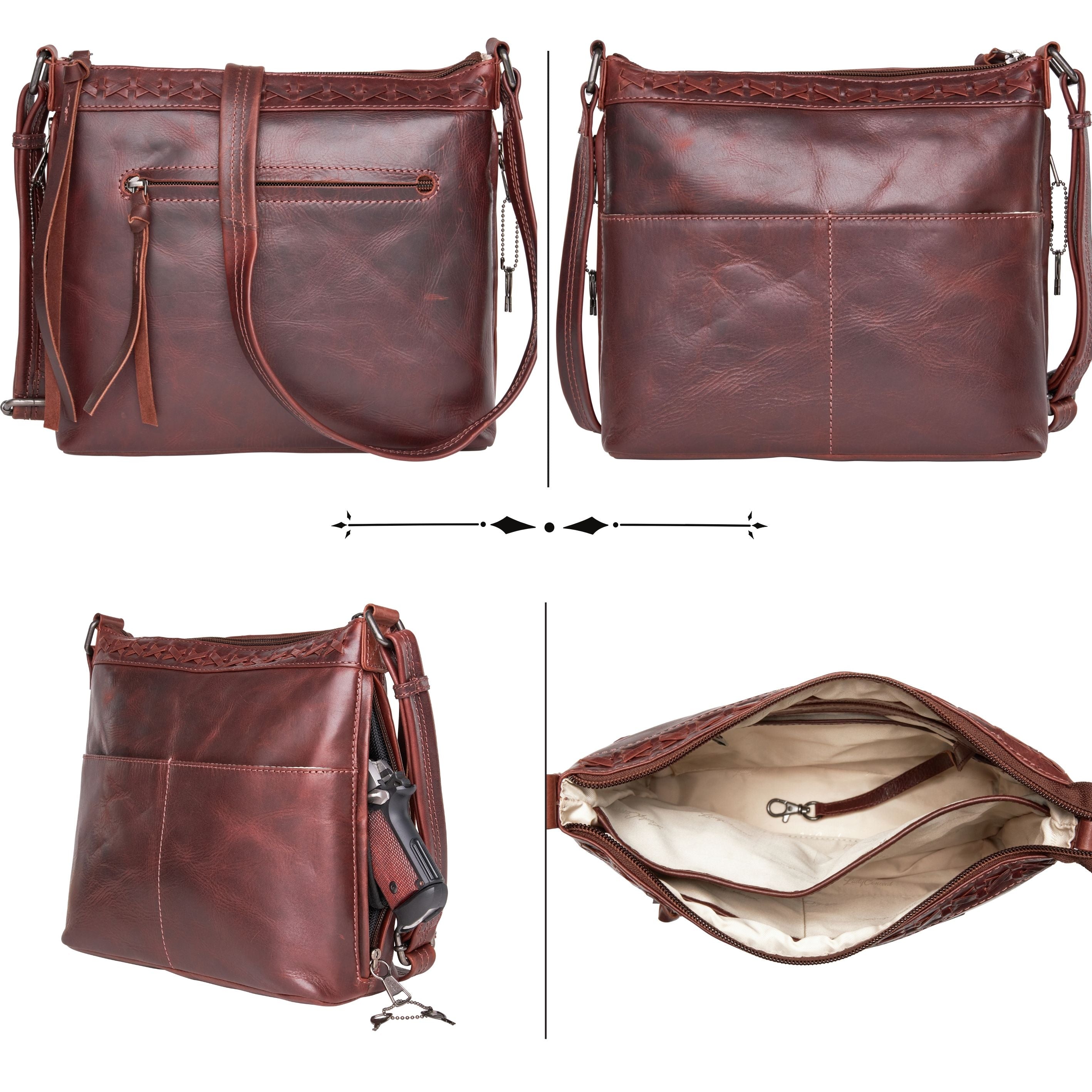 Concealed Carry Crossbody Purse for Women - Faith Leather Crossbody by Lady Conceal - Designer Leather Crossbody CCW Bag - Locking Conceal and Carry Purse with Universal Holster for Handguns - Crossbody Gun and Pistol Bag - concealed carry crossbody Faith leather gun purse with locking zipper