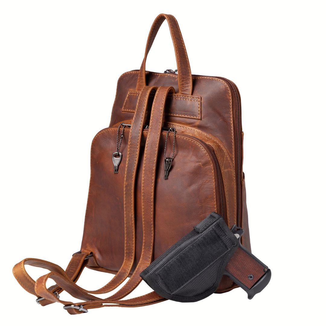 Jayden Leather Concealed Carry Backpack – Secure Firearm Storage with Locking Compartment - Locking Gun Bag - Pick Pocket Proof