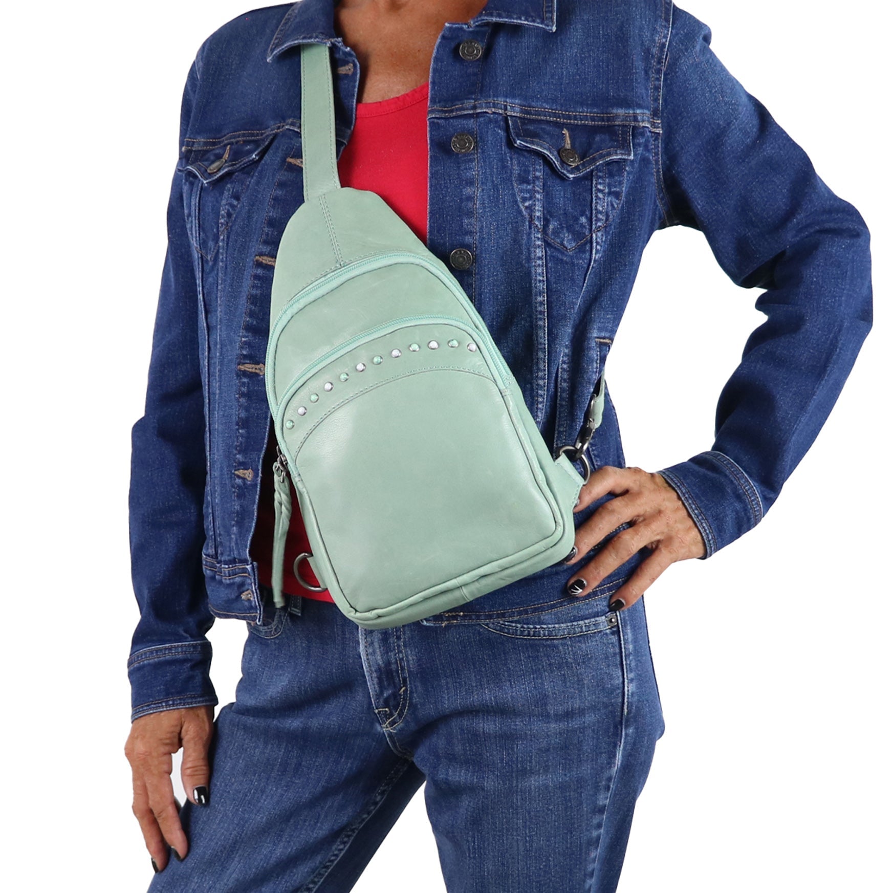 Concealed Carry Haven Sling Leather Backpack by Lady Conceal - Jeweled Leather Backpack -Universal Holster Backpack - Leather Gun Safe Bag - Ambidextrous - Tactical ED Carry Bag- CCW Purse - Womens Gun Bag - Ambidextrous Concealed Carry - Locking Gun Safe - Lady Concealed Carry