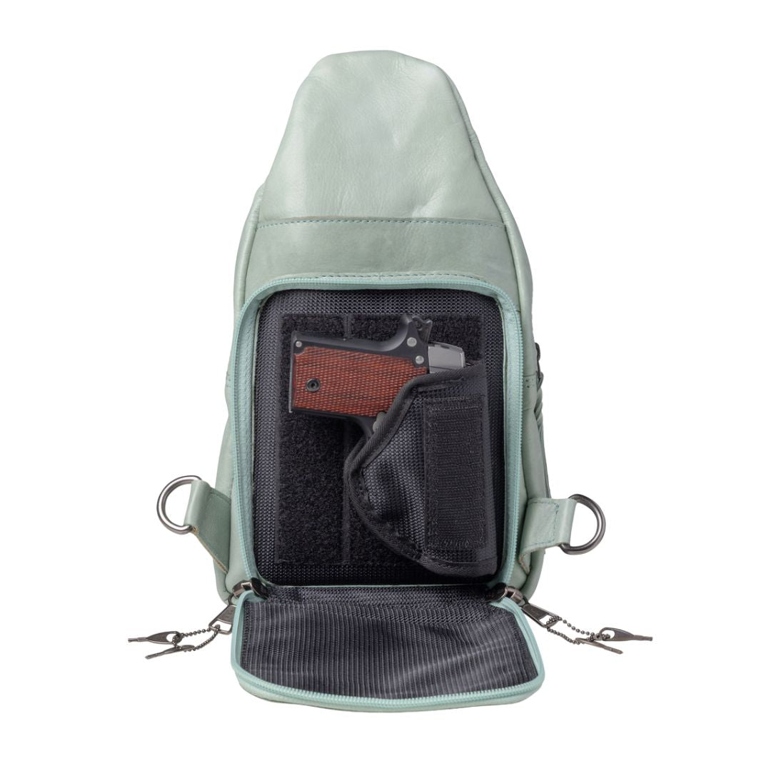 -SALE- Concealed Carry Haven Sling Leather Backpack by Lady Conceal