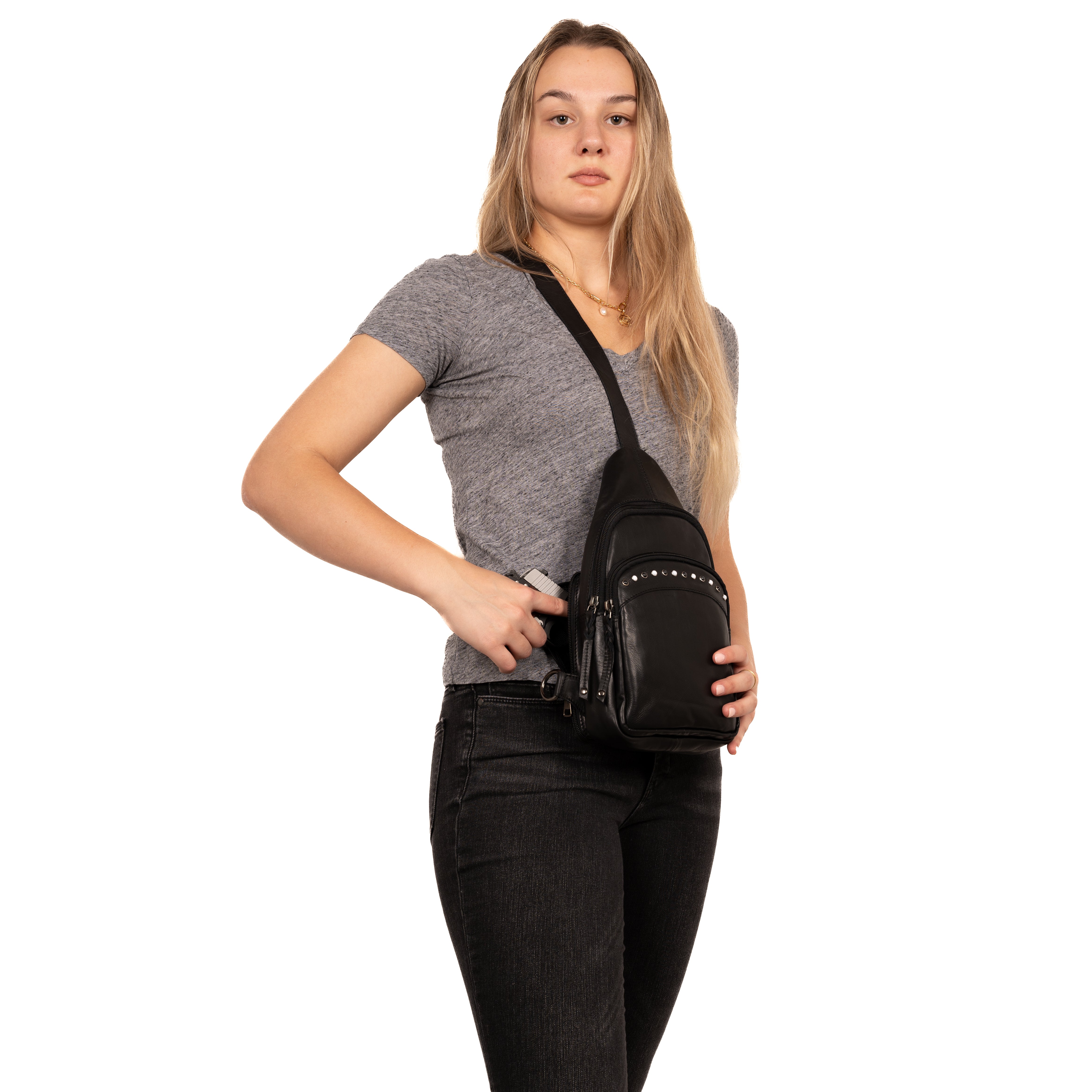 Concealed Carry Haven Sling Leather Backpack by Lady Conceal - Anti Theft Locking Leather Bag - Gun Backpack - Universal Holster for Pistol - Tactical Firearm Gear