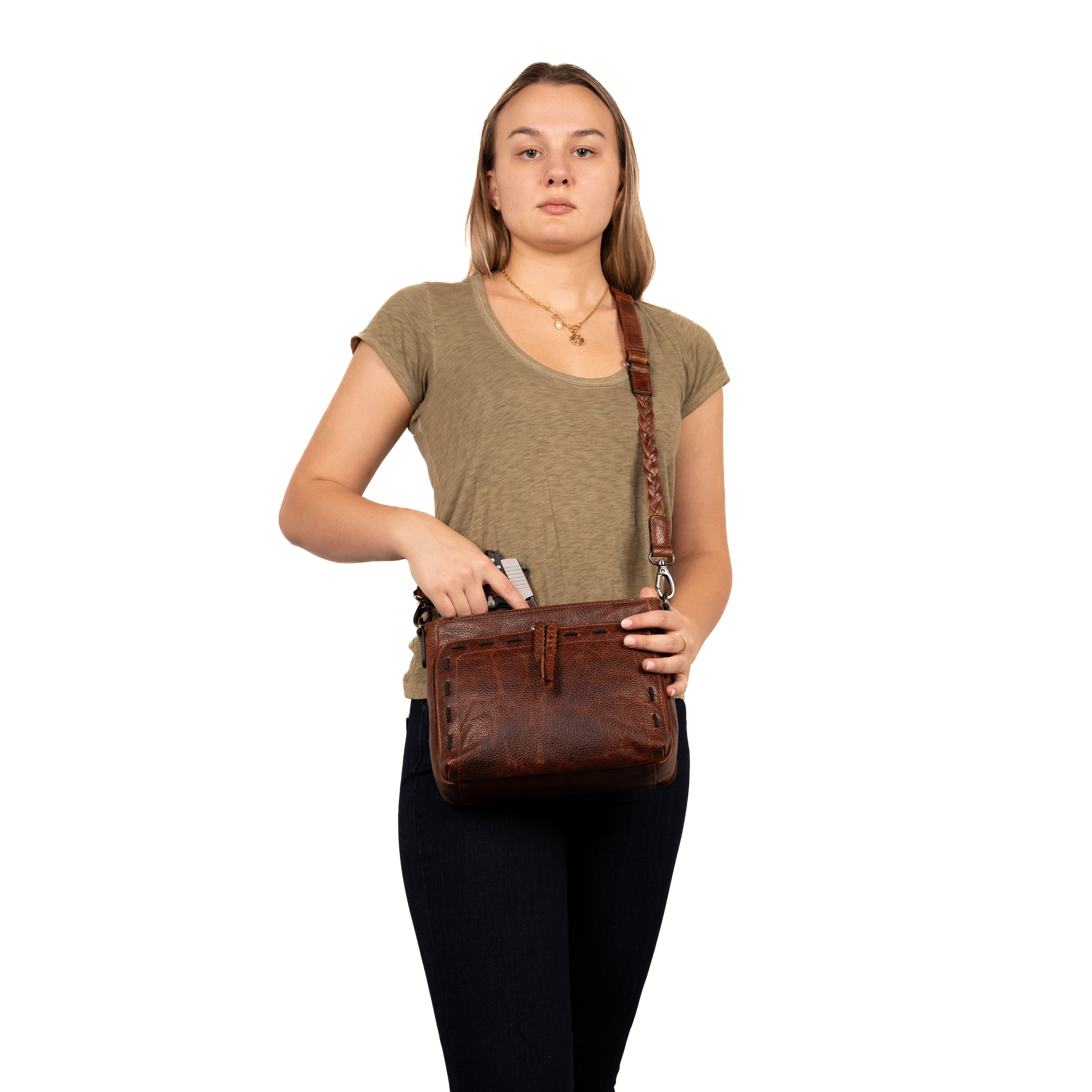 Concealed Carry Zoe Leather Crossbody by Lady Conceal with Locking Zippers - Firearm Bags for Women - Crossbody CCW Bag - Fast Draw Bag - YKK Locking Zipper Bag - Universal Holster