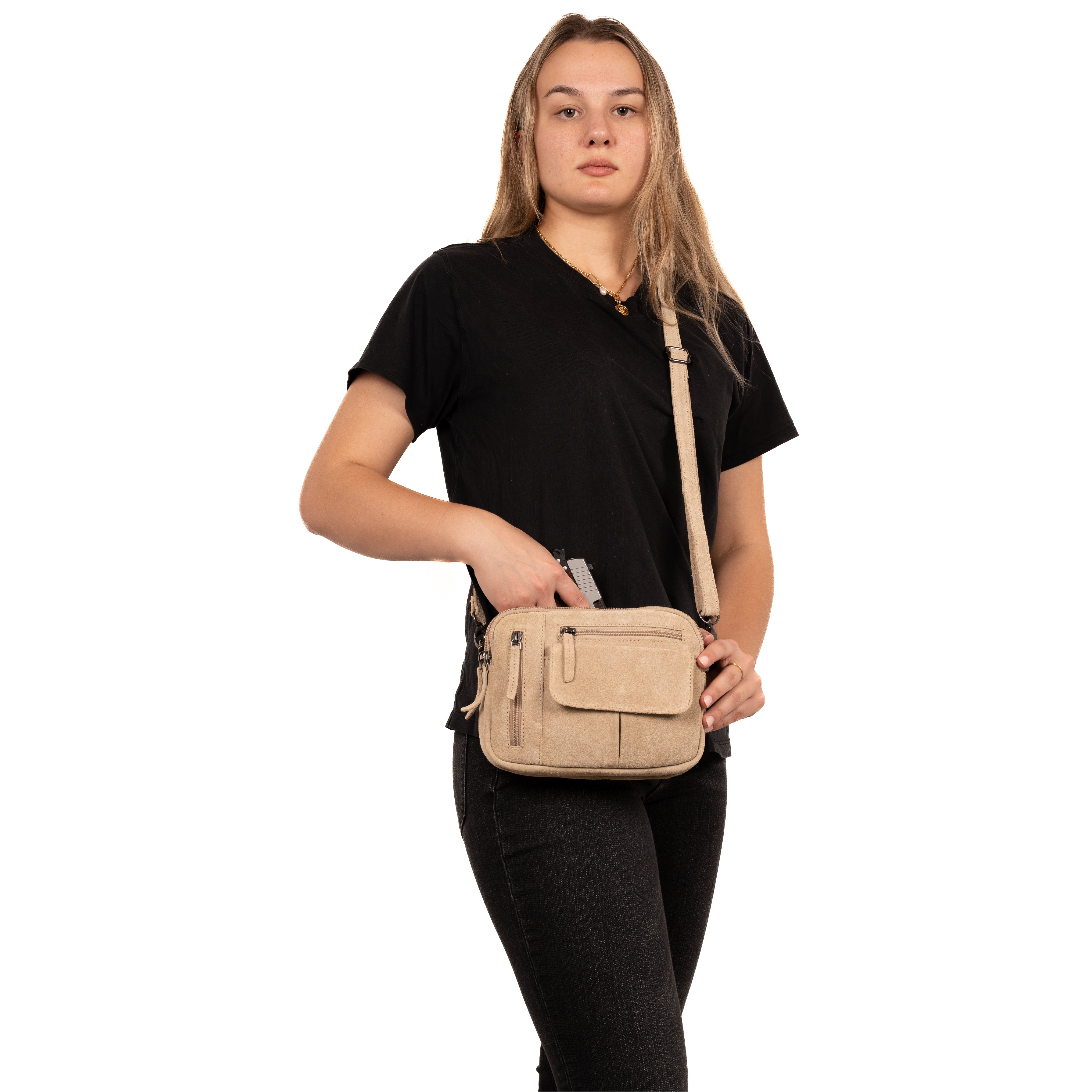 Concealed Carry Hadley Suede Crossbody by Lady Conceal - Anti Theft Locking Bag - Universal Holster Crossbody - Gifts for Firearm Users - Tactical Pistol Purse