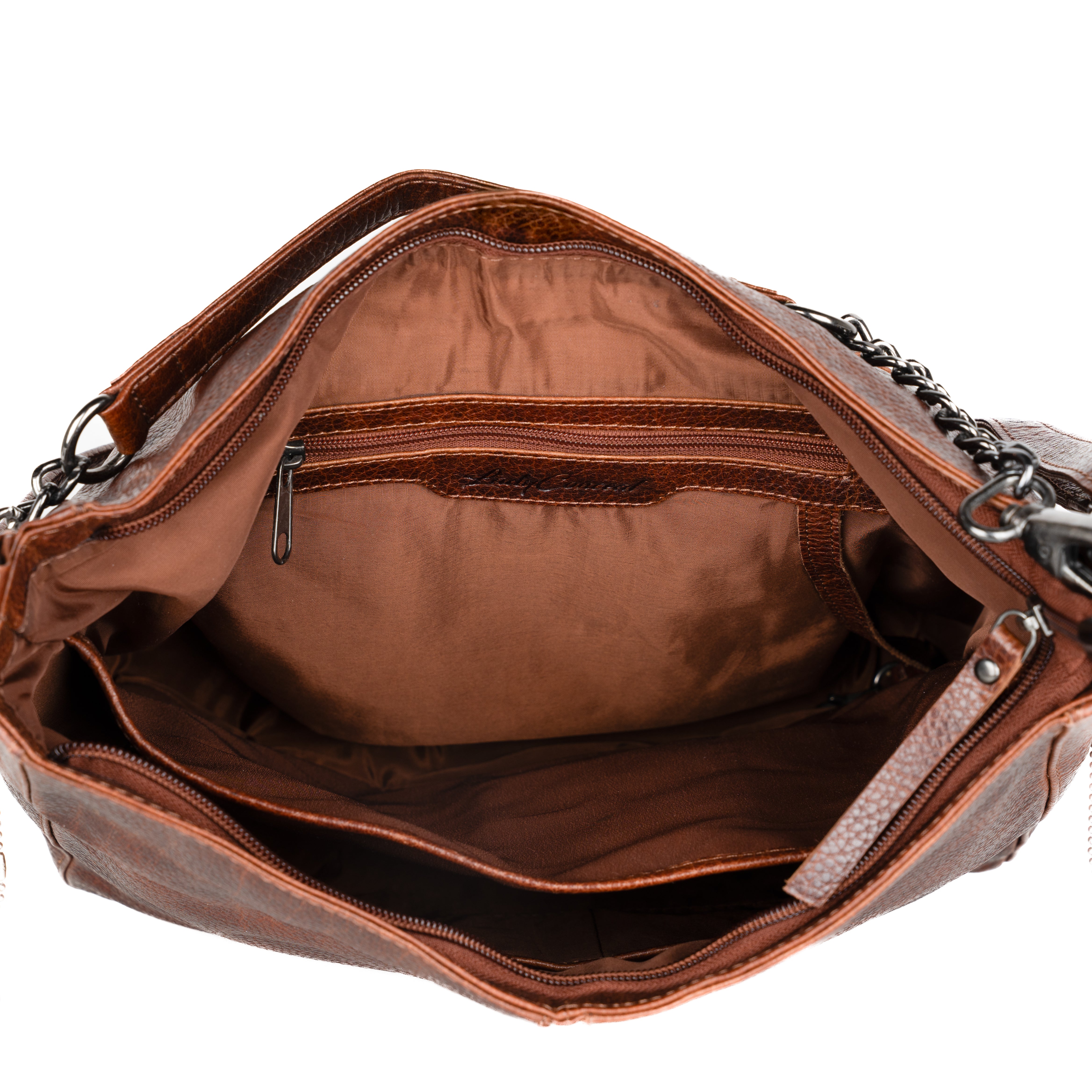 Concealed Carry Ava Leather Hobo by Lady Conceal, Ambidextrous Firearm Chained Bag with Universal Holster, Key Strap for Keys, Locking Gun Bag, Gun Safe Bag