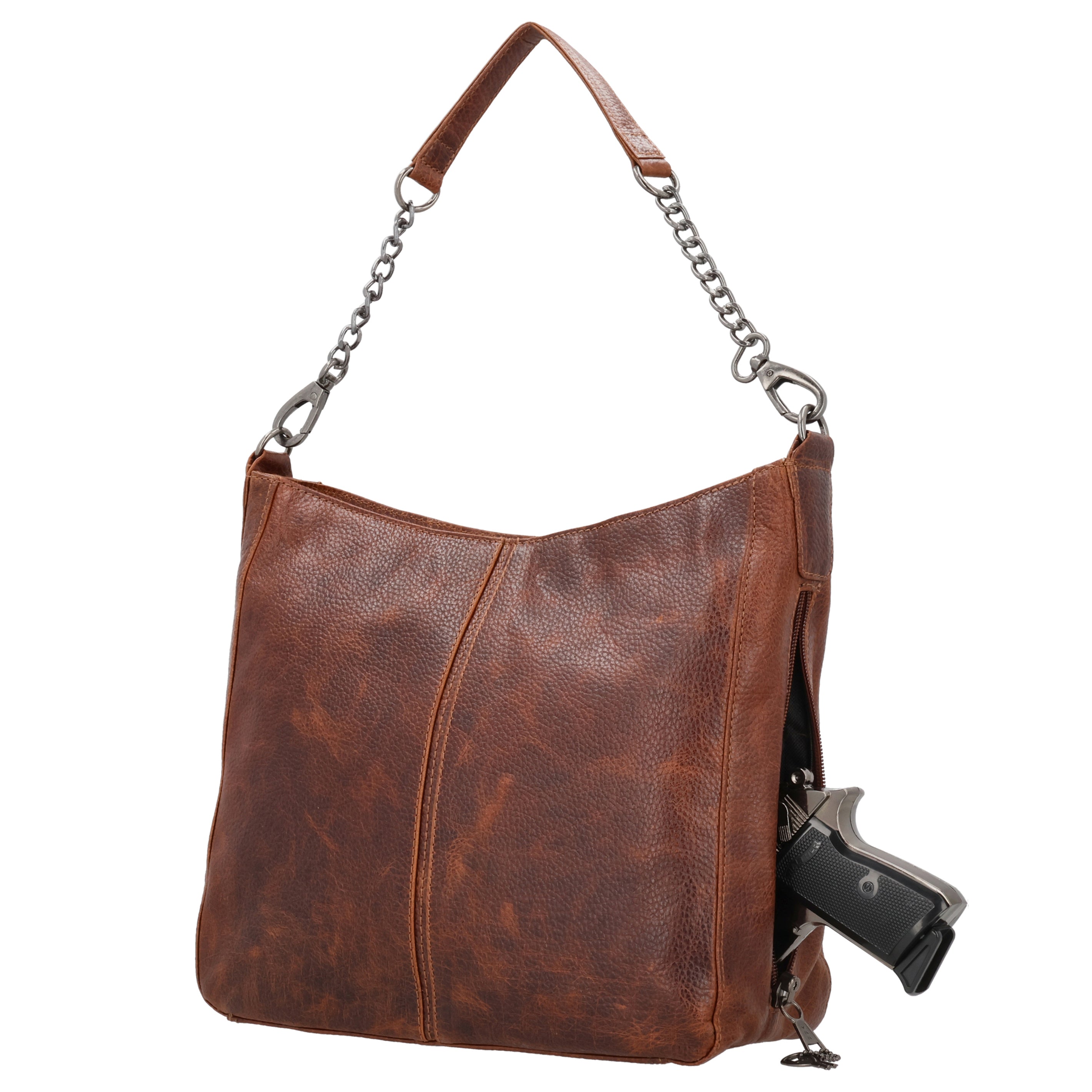 Concealed Carry Ava Leather Hobo by Lady Conceal, YKK Locking Zippers and Universal Holsters for gun, leather purse for concealed carry, Cognac