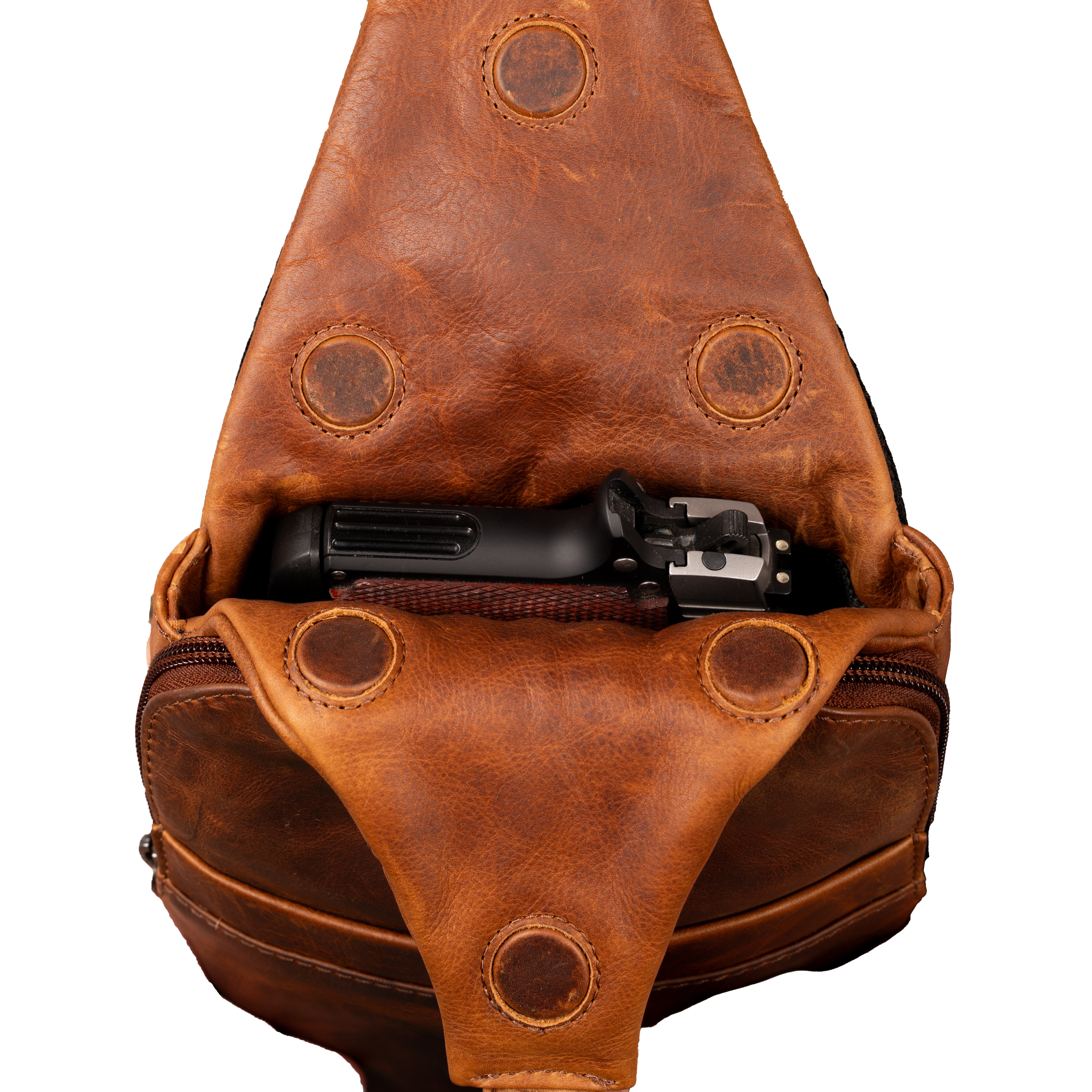 Concealed Carry Unisex Dakota Leather Sling by Lady Conceal - Magnetic Firearm Bag - Fast Draw CCW bag - Universal Holster Pistol Sling - Unisex Gun Leather Backpack - Anti-Theft Gun Bag with Locking Zippers