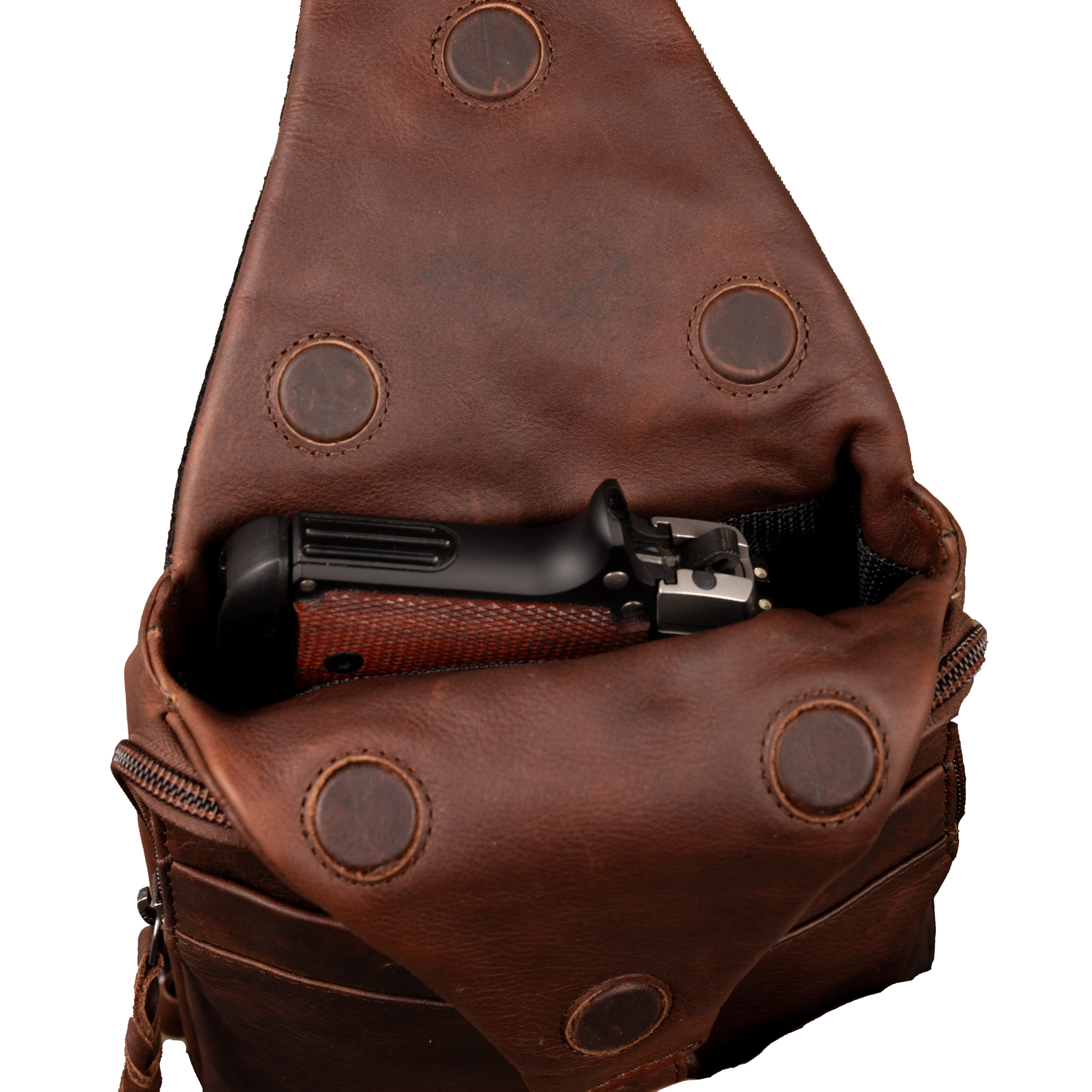 Concealed Carry Unisex Dakota Leather Sling by Lady Conceal - Magnetic Firearm Bag - Fast Draw CCW bag - Universal Holster Pistol Sling - Unisex Gun Leather Backpack - Anti-Theft Gun Bag with Locking Zippers