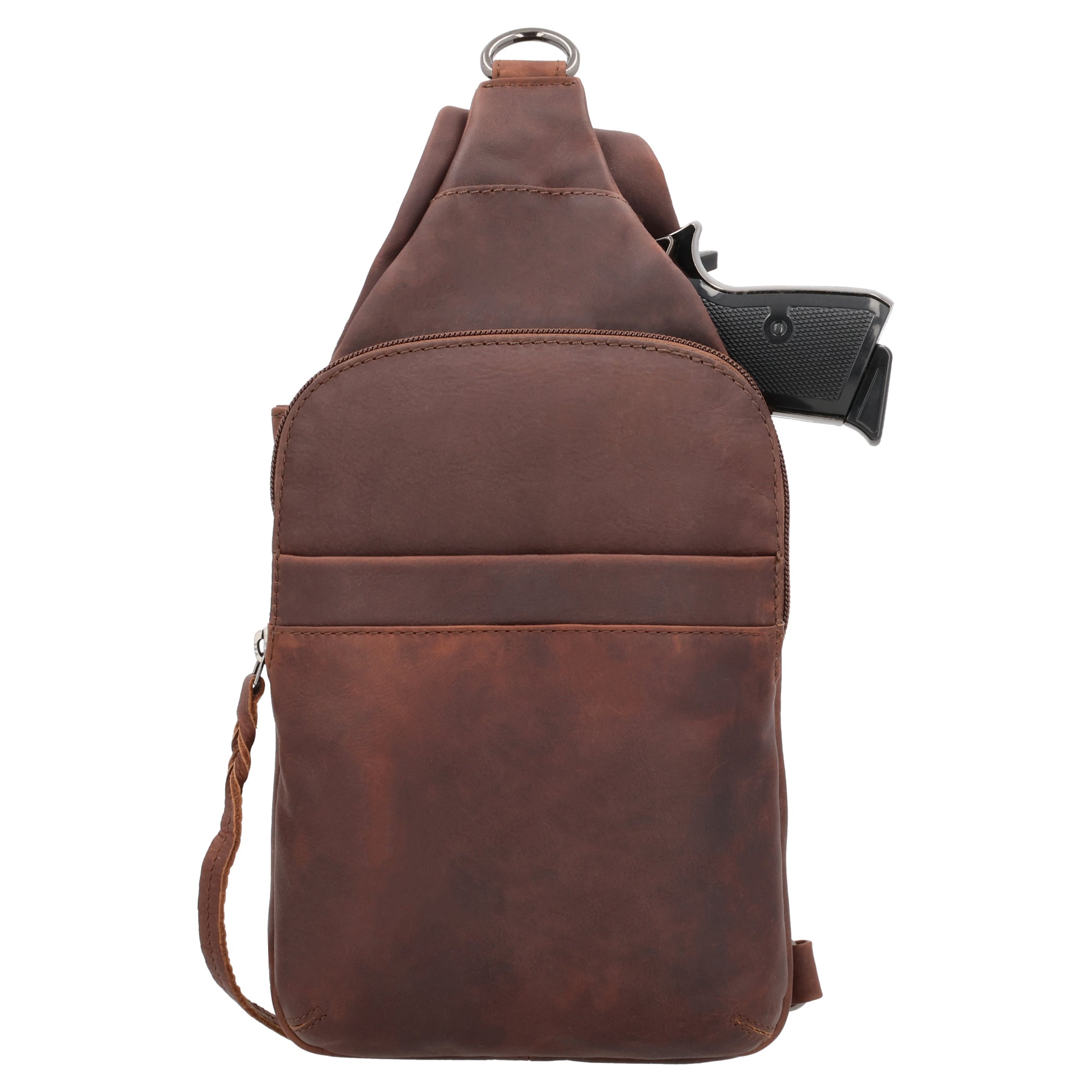 Concealed Carry Unisex Dakota Leather Sling by Lady Conceal - Magnetic Firearm Bag - Fast Draw CCW bag - Universal Holster Pistol Sling - Unisex Gun Leather Backpack - Anti-Theft Gun Bag with Locking Zippers