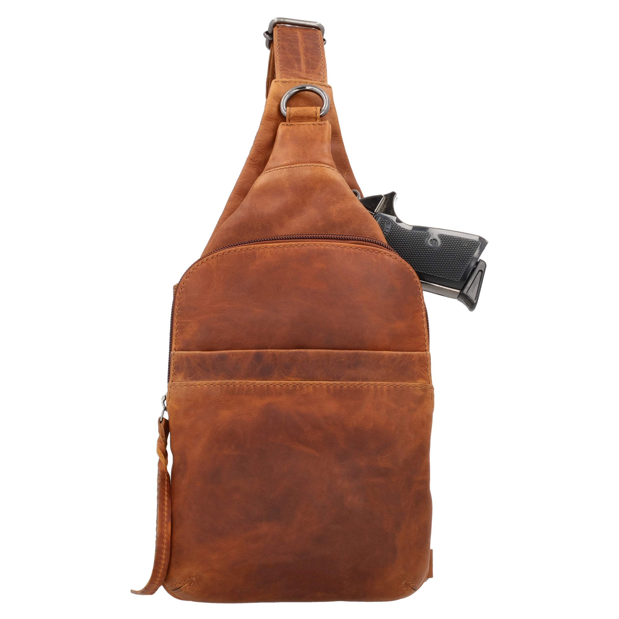 Concealed Carry Unisex Dakota Leather Sling by Lady Conceal - Magnetic Firearm Bag - Fast Draw CCW bag - Universal Holster Pistol Sling - Unisex Gun Leather Backpack - Anti-Theft Gun Bag with Locking Zippers