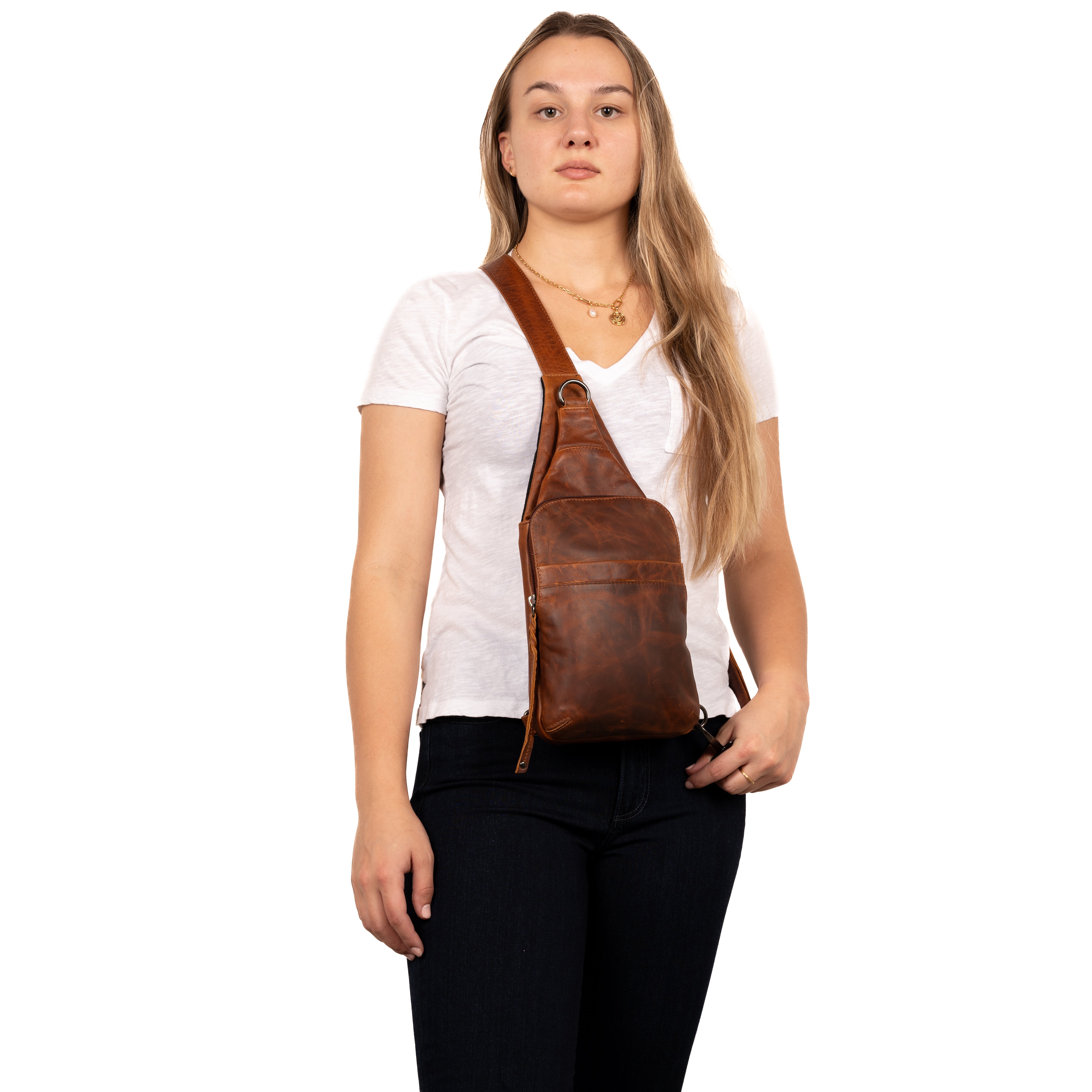 Concealed Carry Unisex Dakota Leather Sling by Lady Conceal - Magnetic Firearm Bag - Fast Draw CCW bag - Universal Holster Pistol Sling - Unisex Gun Leather Backpack - Anti-Theft Gun Bag with Locking Zippers