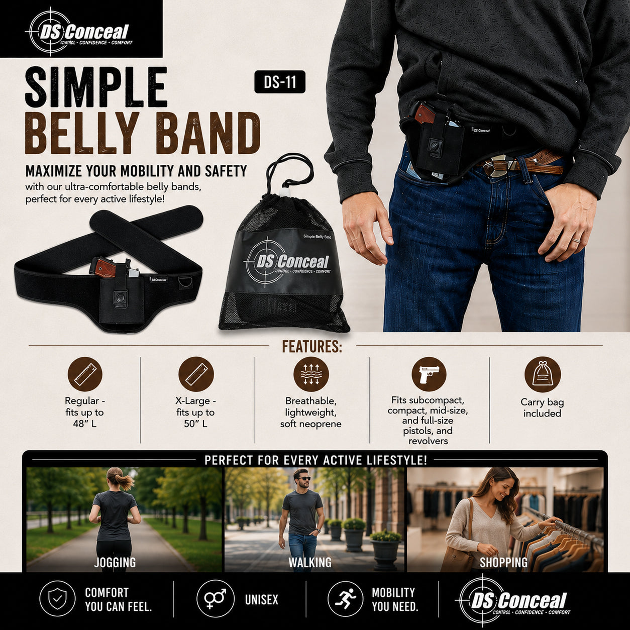 Unisex Simple Belly Band by DS Conceal - Fast Draw Gun Holster for women and men Unisex - Unisex Simple Belly Band - DS Conceal Fast Draw Gun Holster - Leather Belly Band pistol bag - Tactical womans purse for pistol - Concealed Belly Band - most popular crossbody bag - crossbody handgun bag - crossbody bags for everyday use - Lady Conceal -