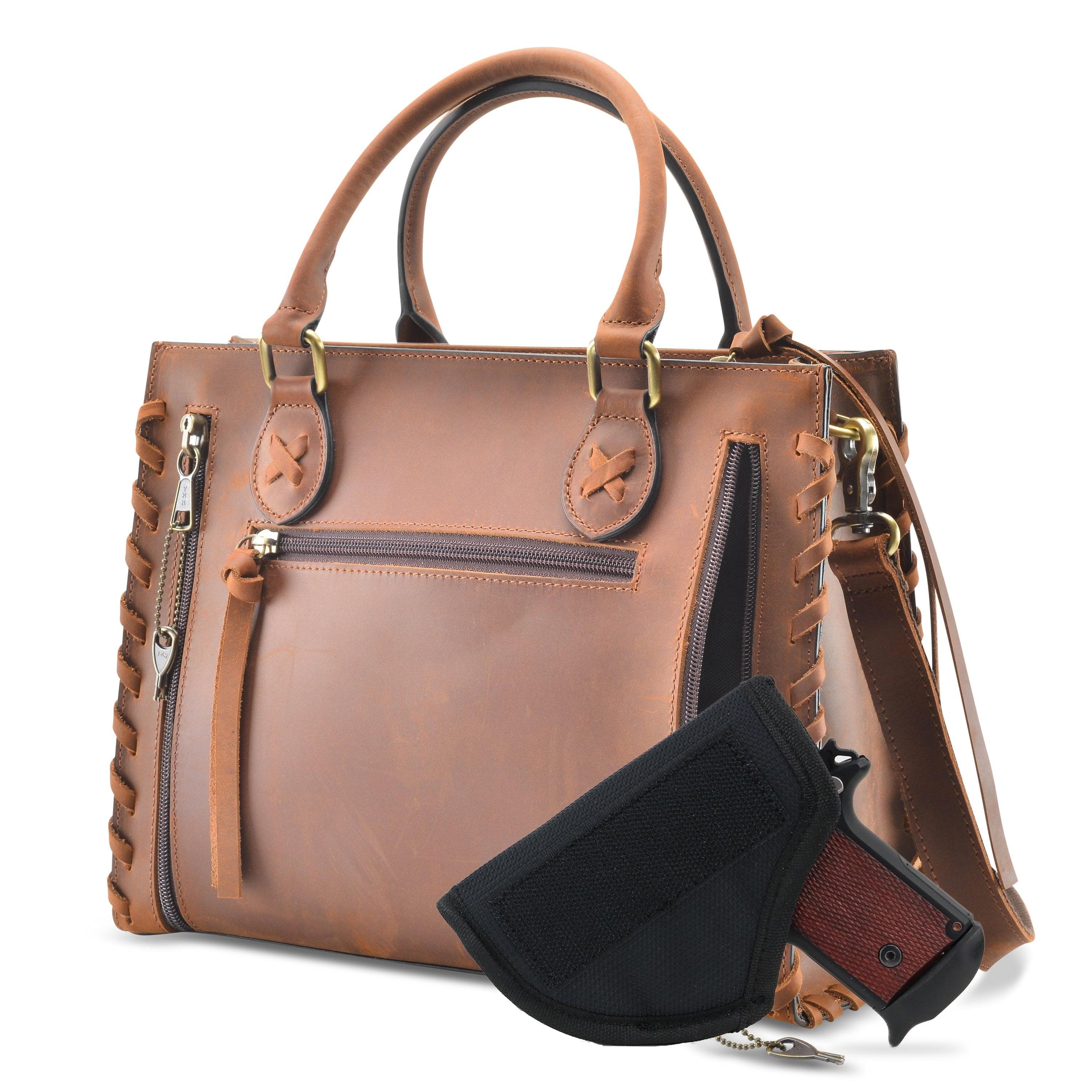 Concealed Carry Emma Leather Satchel - Designer Concealed Carry Purse - YKK Locking Purse with Universal Holster - Leather Bag For Gun Owners - Easy Conceal Carry - CCW Purse for Women - Conceal and Carry purse for Handgun - Designer Luxury Conceal Carry Handbag - Handbag Gun and Pistol Bag - Handbag for concealed gun - Hidden Gun Bag