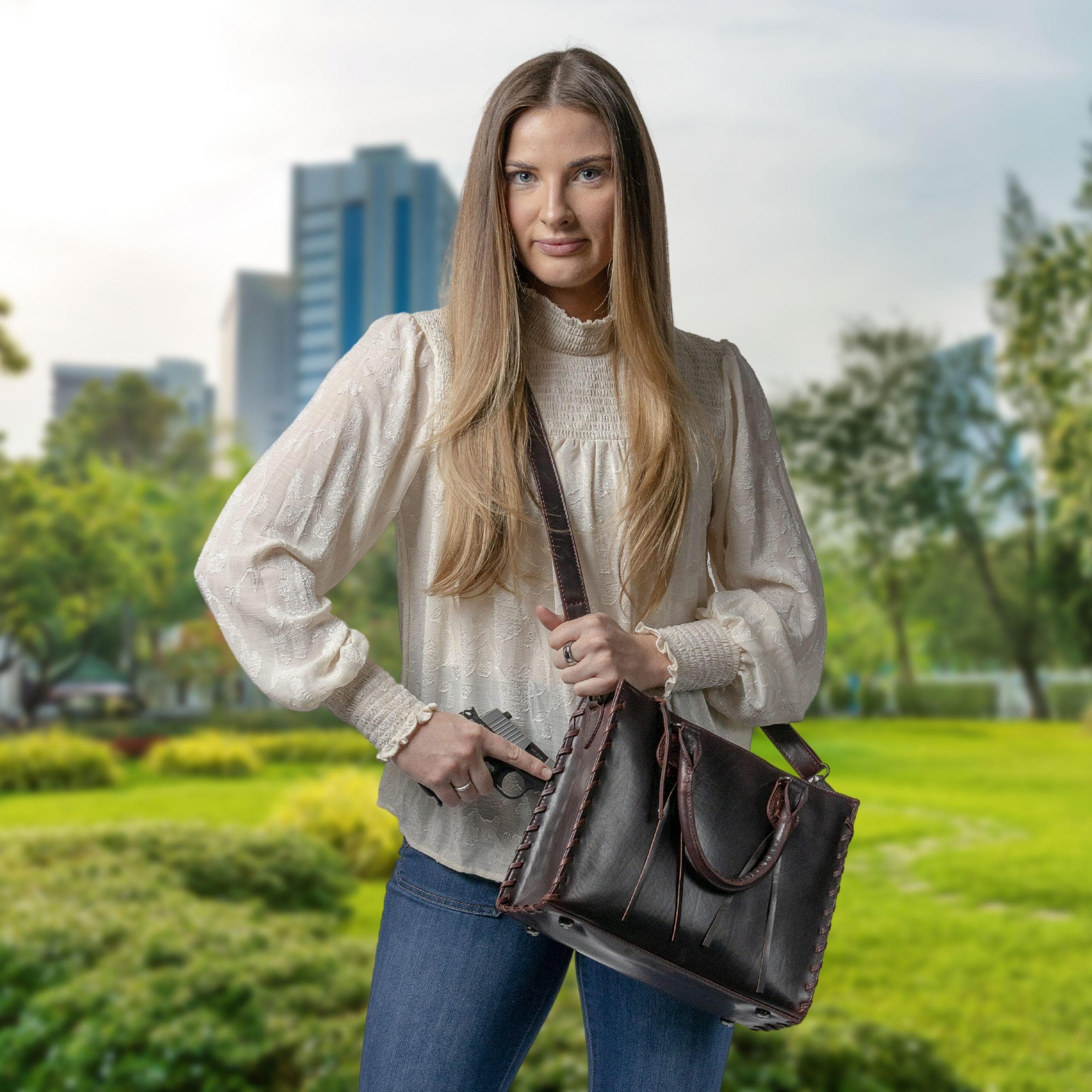 Concealed Carry Emma Leather Satchel - Designer Concealed Carry Purse - YKK Locking Purse with Universal Holster - Leather Bag For Gun Owners - Easy Conceal Carry - CCW Purse for Women - Conceal and Carry purse for Handgun - Designer Luxury Conceal Carry Handbag - Handbag Gun and Pistol Bag - Handbag for concealed gun - Hidden Gun Bag