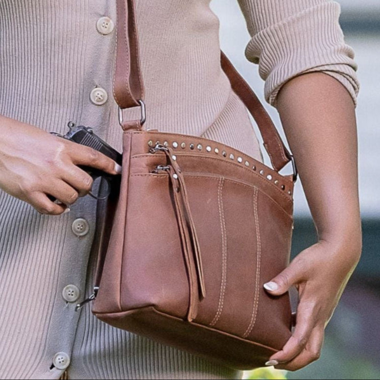 Concealed Carry Brynn Arched Leather Crossbody - Lady Conceal - Concealed Carry Purse - conceal and carry purse for women - tactical pistol bag - Locking Conceal and Carry Purse with Universal Holster for Handguns - Unique Hide Crossbody Gun and Pistol Bag