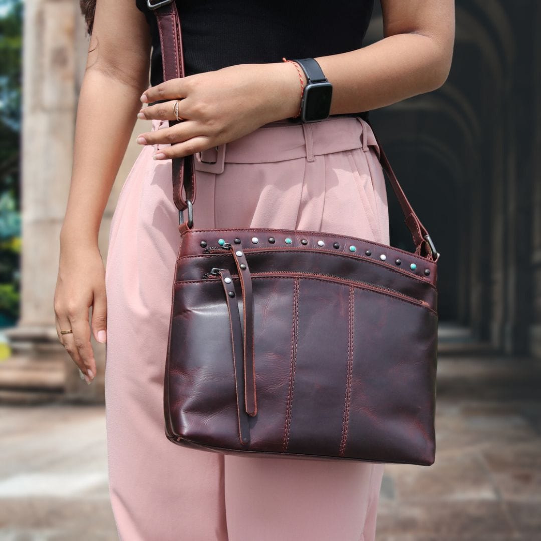 Concealed Carry Brynn Arched Leather Crossbody - Lady Conceal - Concealed Carry Purse - conceal and carry purse for women - tactical pistol bag - Locking Conceal and Carry Purse with Universal Holster for Handguns - Unique Hide Crossbody Gun and Pistol Bag