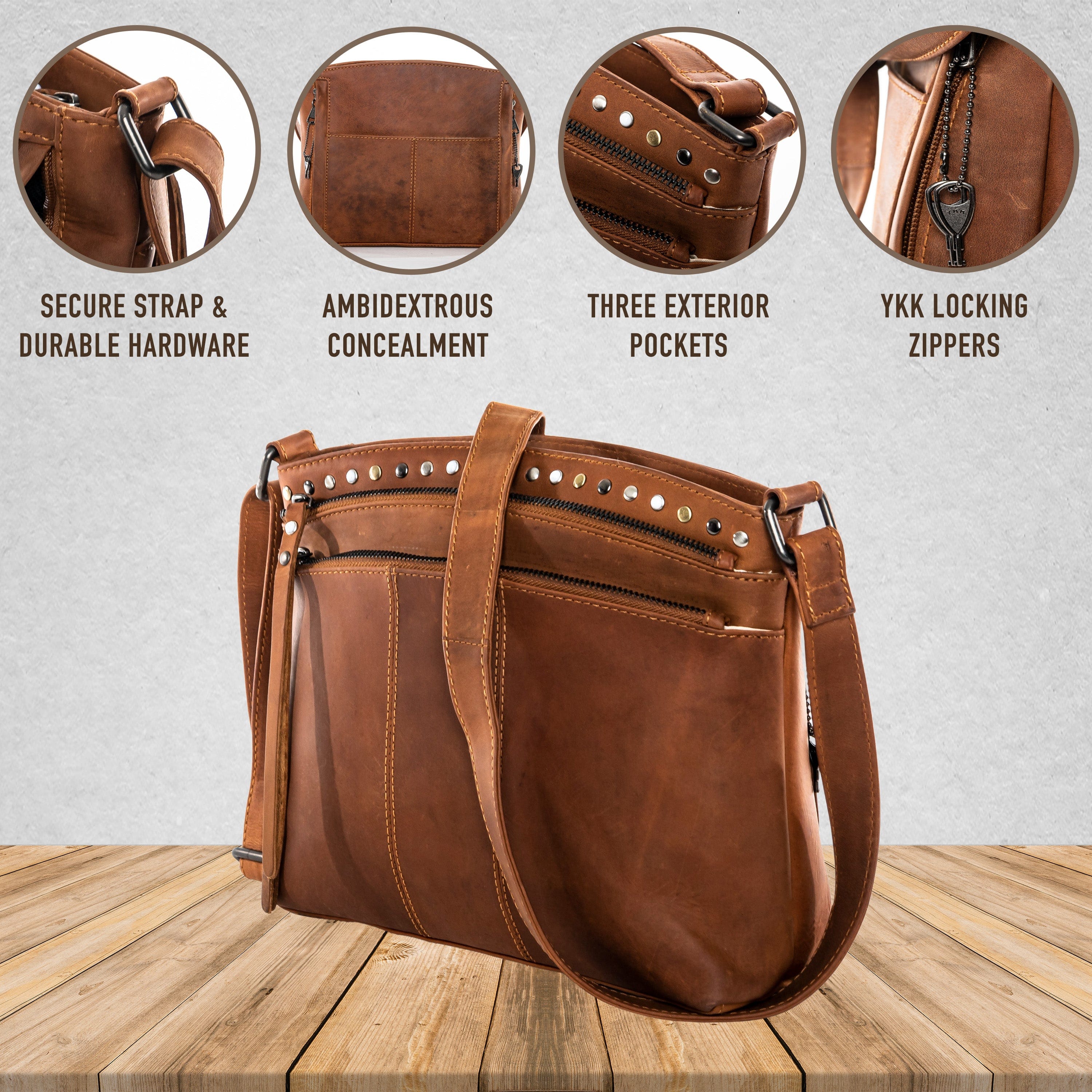 Concealed Carry Brynn Arched Leather Crossbody - Lady Conceal - Concealed Carry Purse - conceal and carry purse for women - tactical pistol bag - Locking Conceal and Carry Purse with Universal Holster for Handguns - Unique Hide Crossbody Gun and Pistol Bag