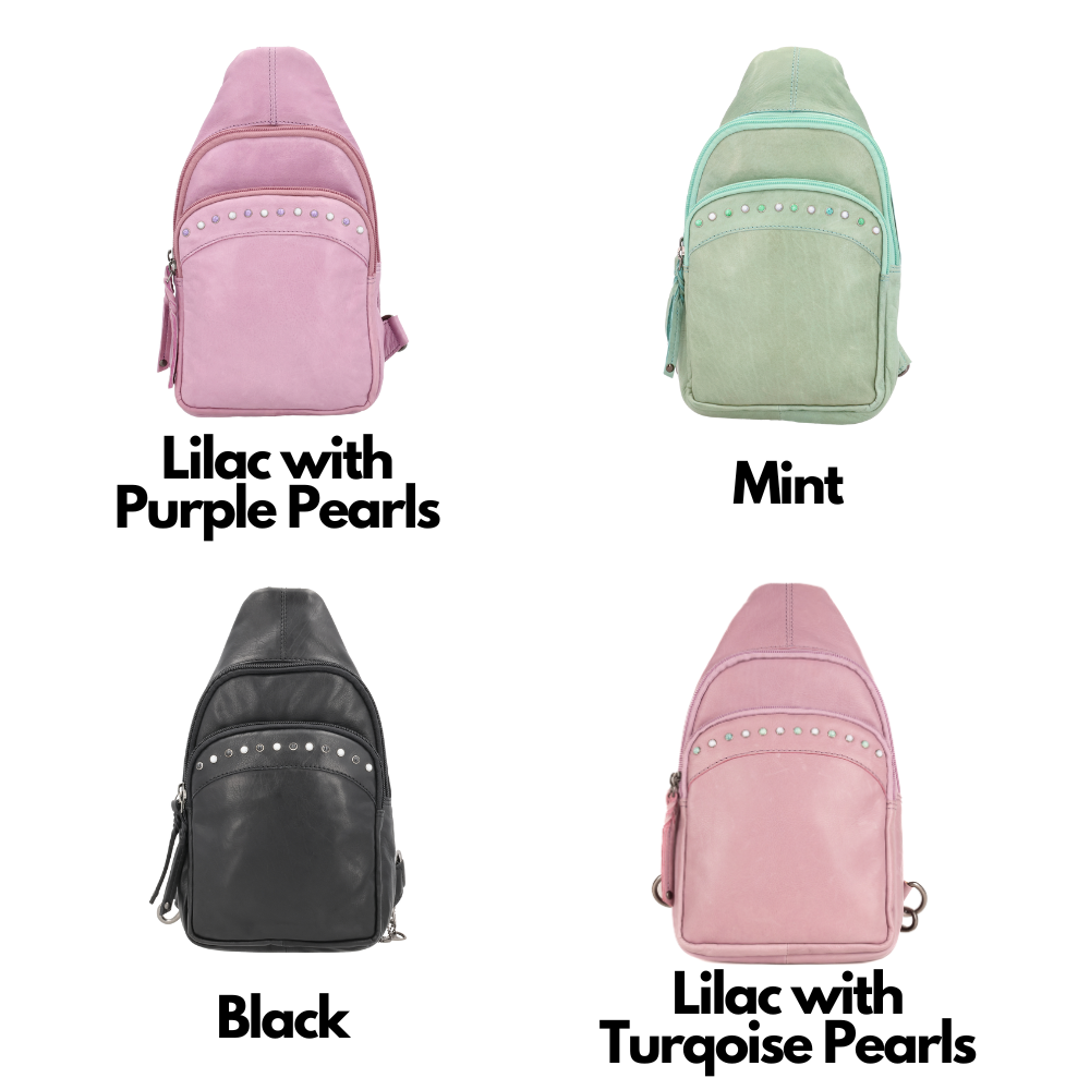 Concealed Carry Haven Sling Leather Backpack by Lady Conceal - Jeweled Leather Backpack -Universal Holster Backpack - Leather Gun Safe Bag - Ambidextrous - Tactical ED Carry Bag- CCW Purse - Womens Gun Bag - Ambidextrous Concealed Carry - Locking Gun Safe - Lady Concealed Carry 