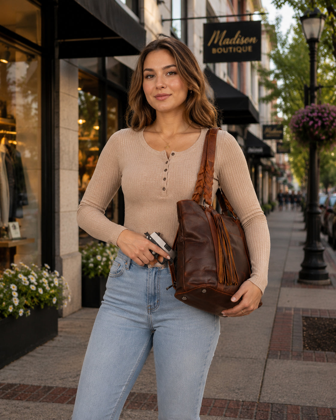 A woman wearing a beige long-sleeve top and light blue jeans carries a large brown leather tote bag with tassel fringe on a city sidewalk carrying The Bella Concealed Carry Tote  in Cognac