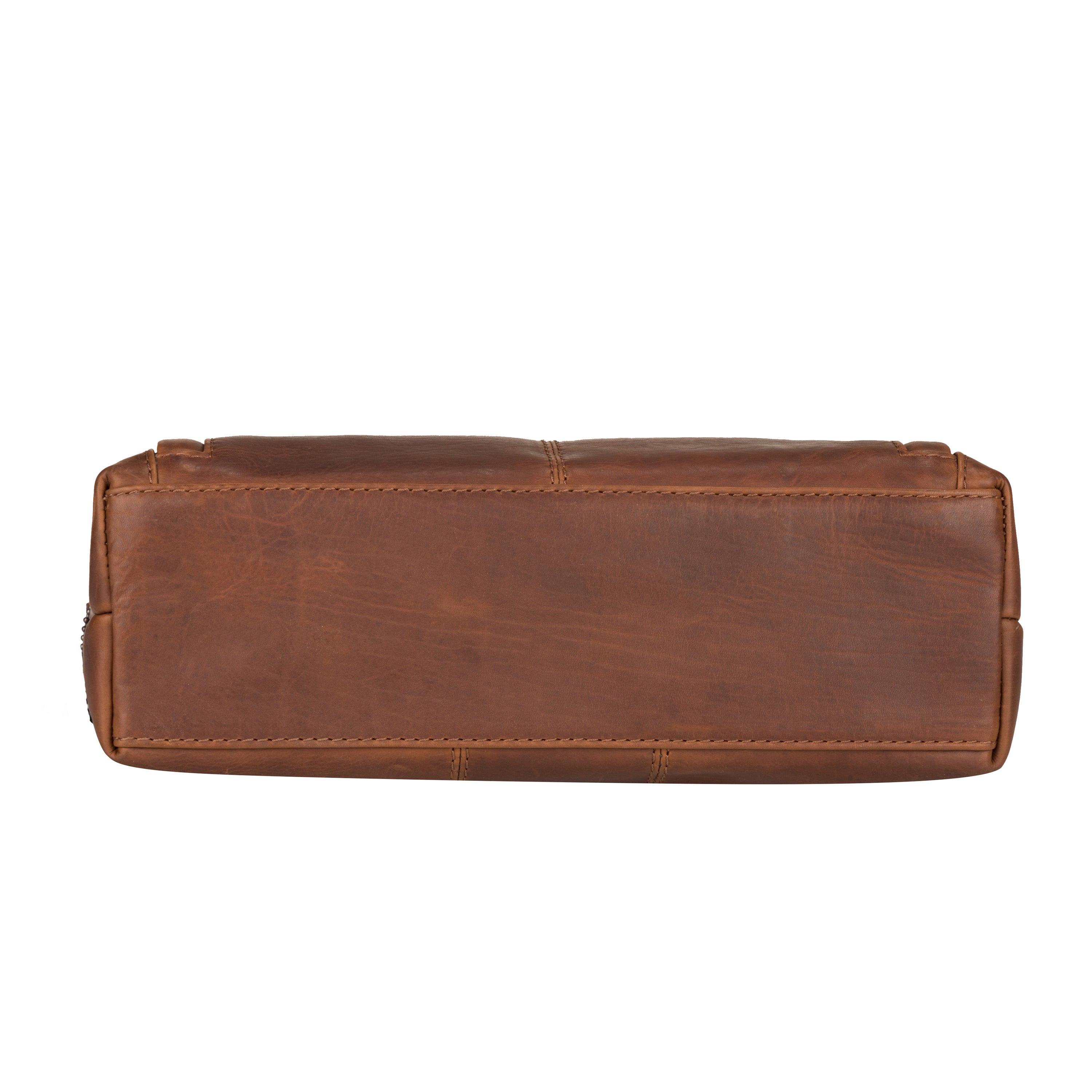 A brown leather rectangular pouch or case shown from the bottom, featuring visible stitching and a slightly distressed texture, isolated on a white background.