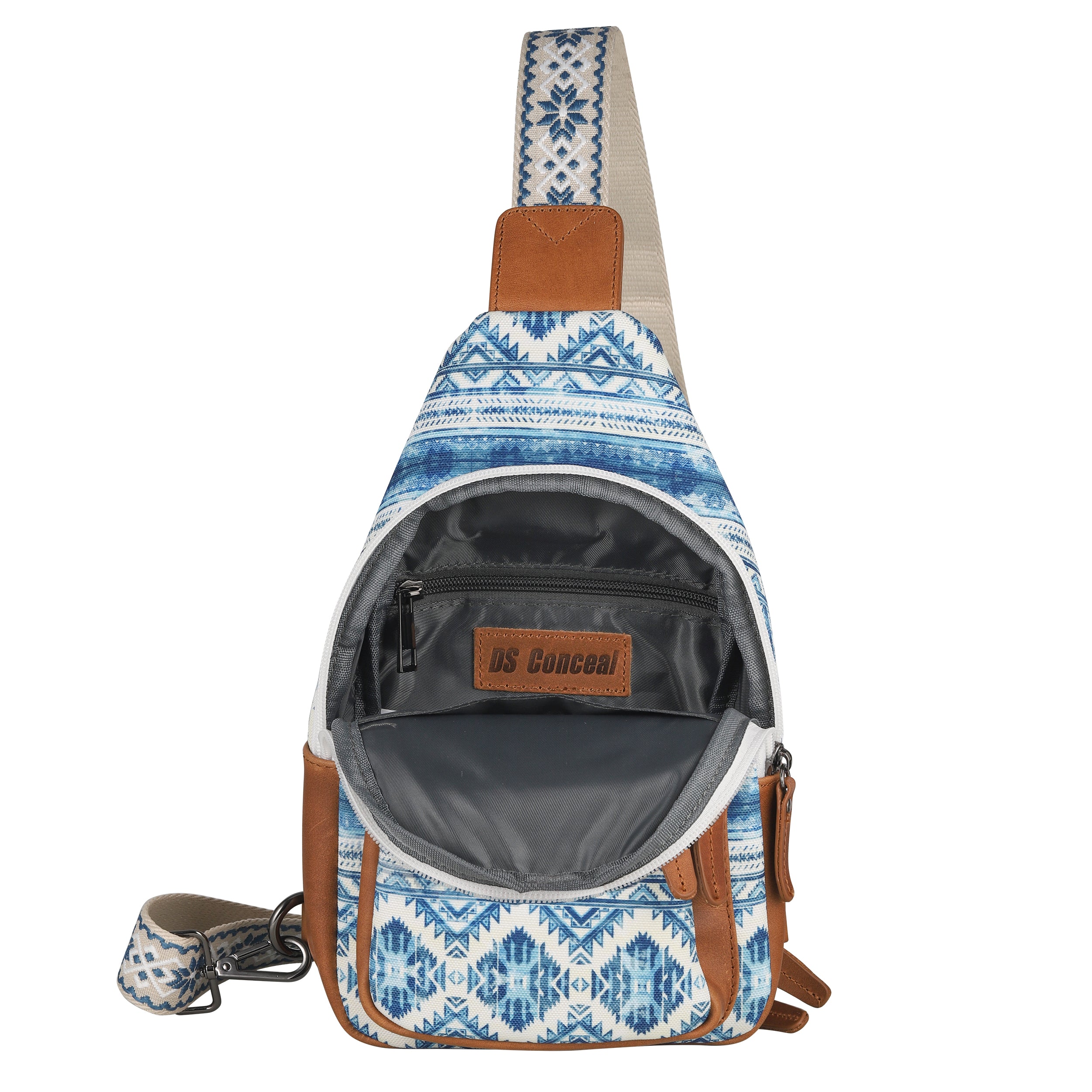 Soft gray interior concealed bag, Indie sling crossbody with organization for cards, keys, and defense tools