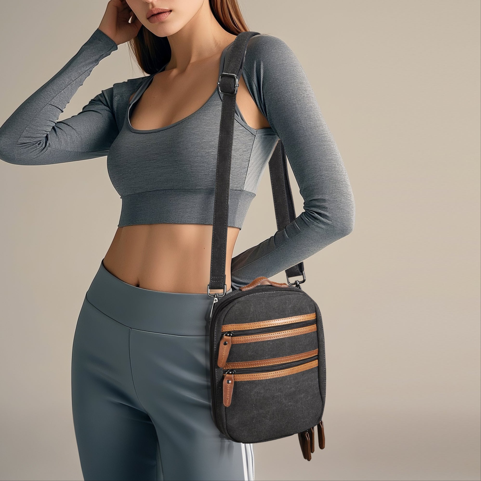 Lightweight concealed carry sling, Jax canvas crossbody with built-in mag storage and phone slot