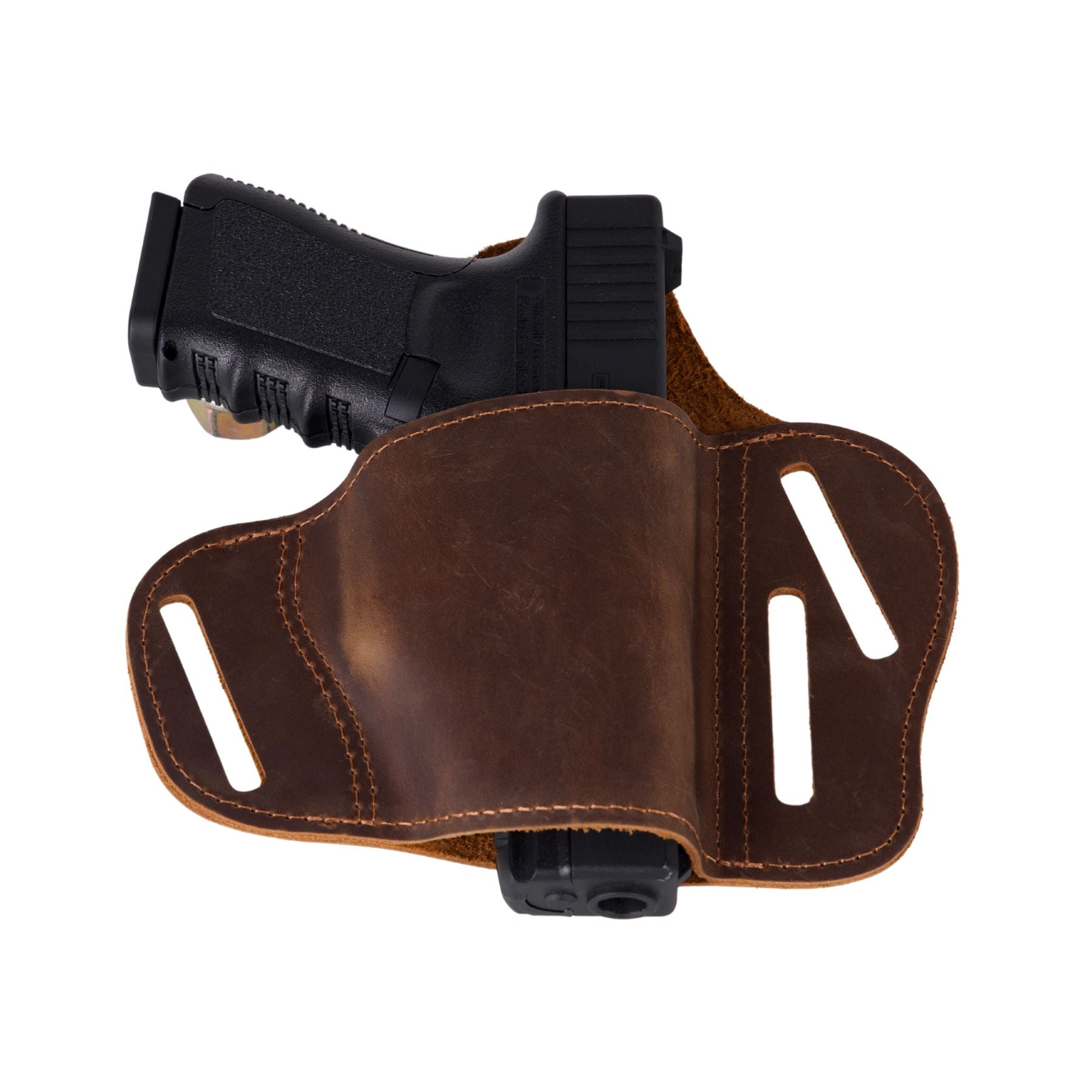Slim low-profile pancake holster in genuine leather designed for all-day comfort and firearm security