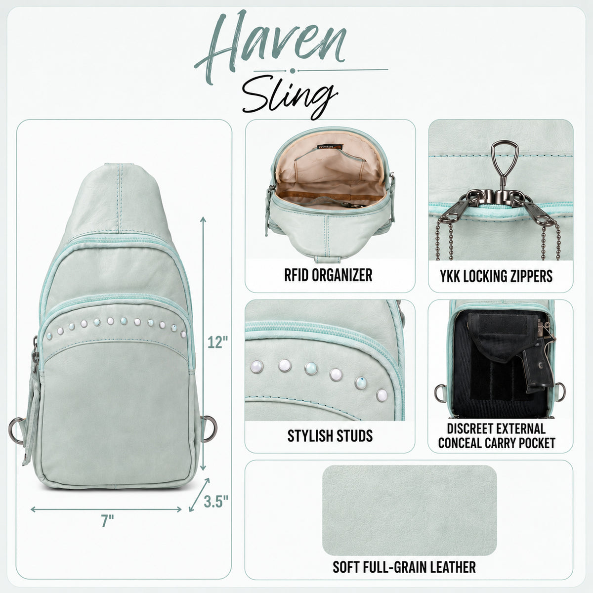 A product infographic for the Haven Sling bag, showing the light sage green sling backpack on the left with dimensions (12" height, 7" width, 3.5" depth), and four feature callout panels on the right detailing the interior RFID organizer, YKK locking zippers, stylish studs, and a discreet external conceal carry pocket.