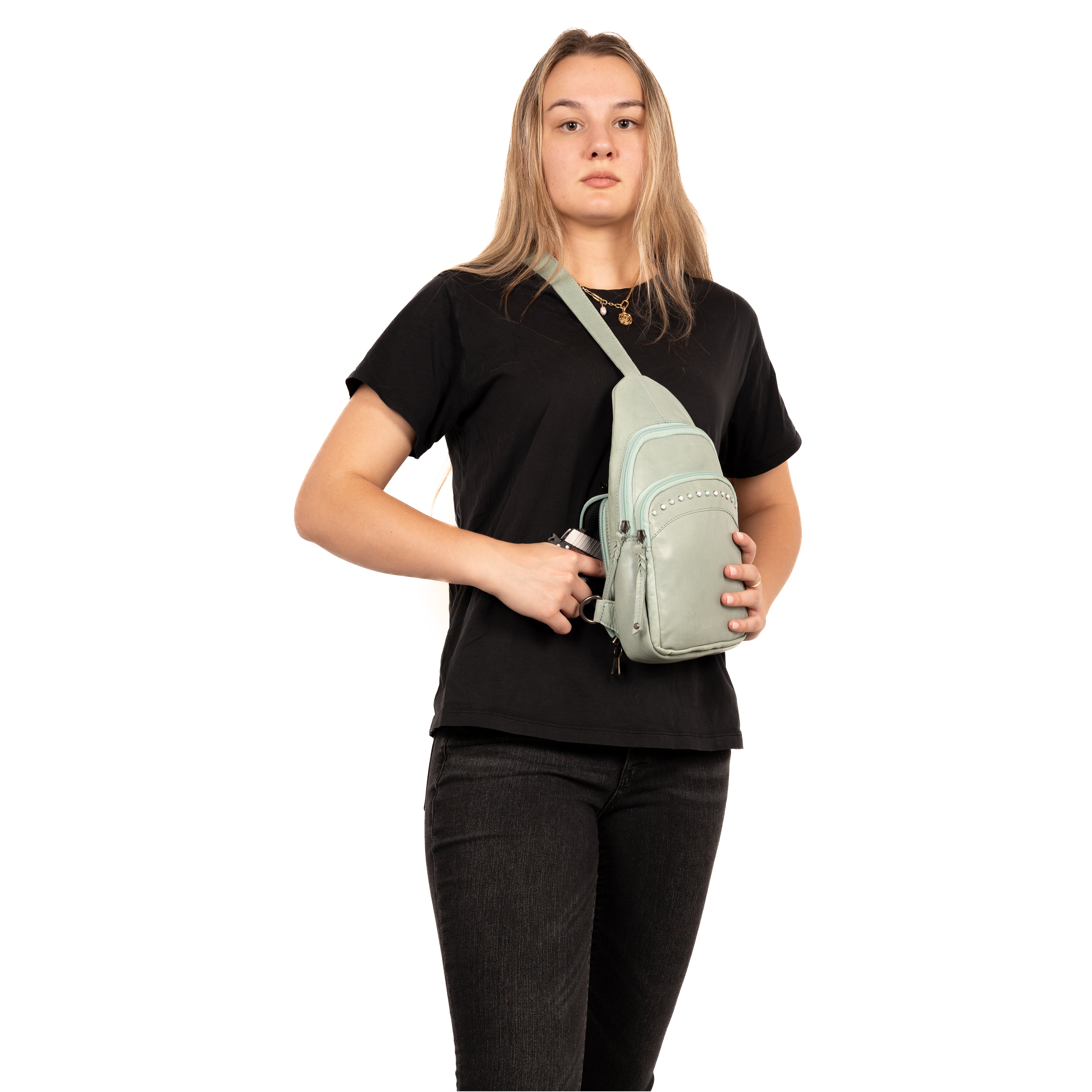 Concealed Carry Haven Sling Leather Backpack by Lady Conceal - Anti Theft Locking Leather Bag - Gun Backpack - Universal Holster for Pistol - Tactical Firearm Gear