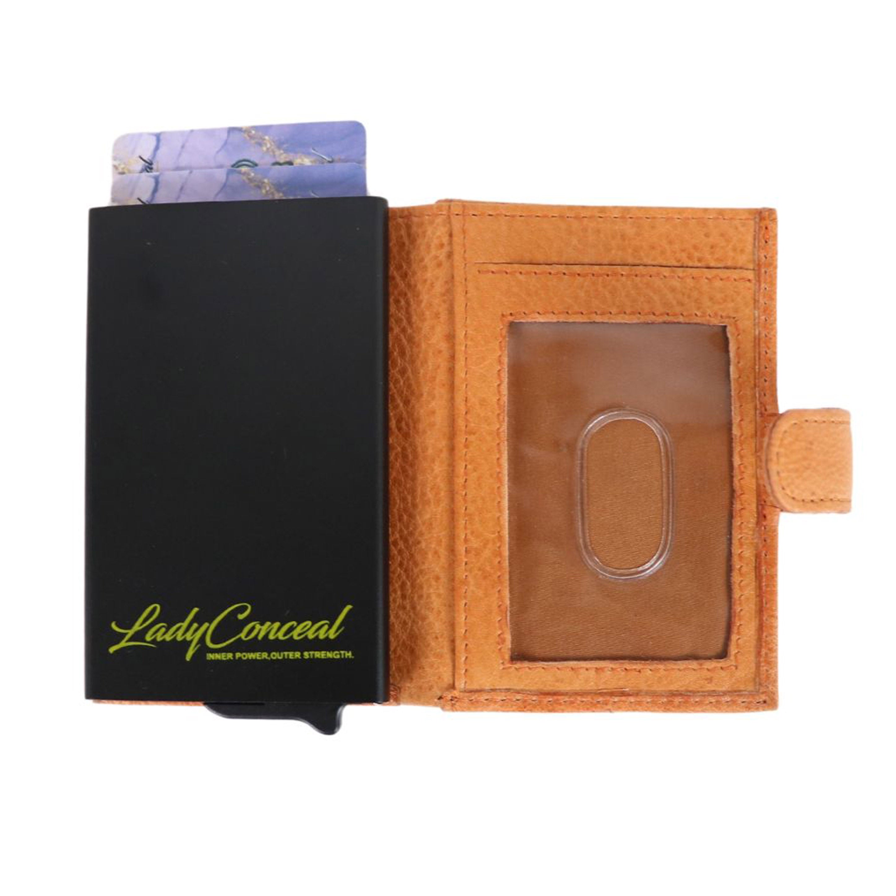 Nova RFID Compact Leather Wallet by Lady Conceal Anti Credit Card Theft RFID Protected - 100% Leather Unisex Wallet - Pop Up Wallet for Cards Bills Coins - Button Closing Wallet