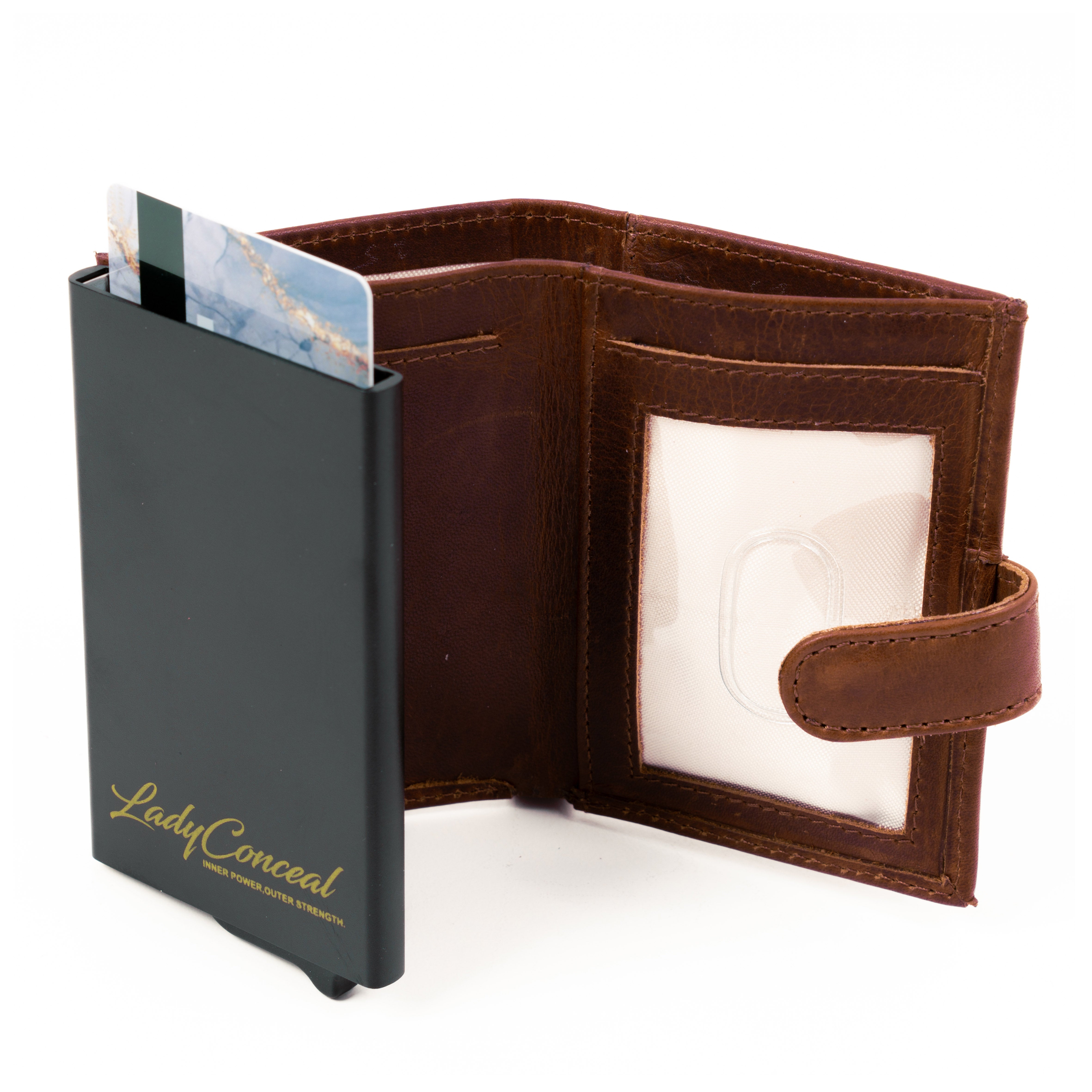 Nova RFID Compact Leather Wallet by Lady Conceal Anti Credit Card Theft RFID Protected - 100% Leather Unisex Wallet - Pop Up Wallet for Cards Bills Coins - Button Closing Wallet