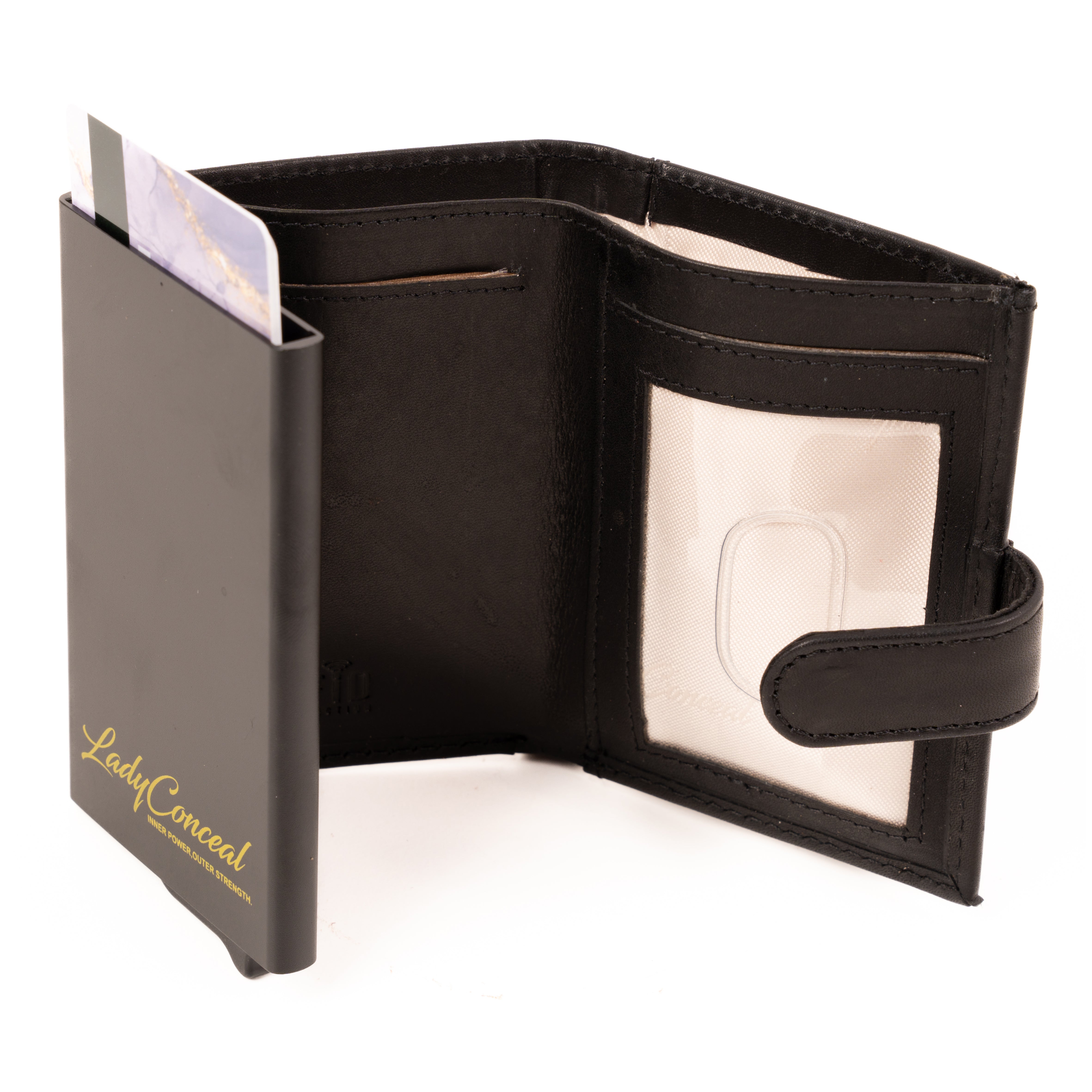 Nova RFID Compact Leather Wallet by Lady Conceal Anti Credit Card Theft RFID Protected - 100% Leather Unisex Wallet - Pop Up Wallet for Cards Bills Coins - Button Closing Wallet
