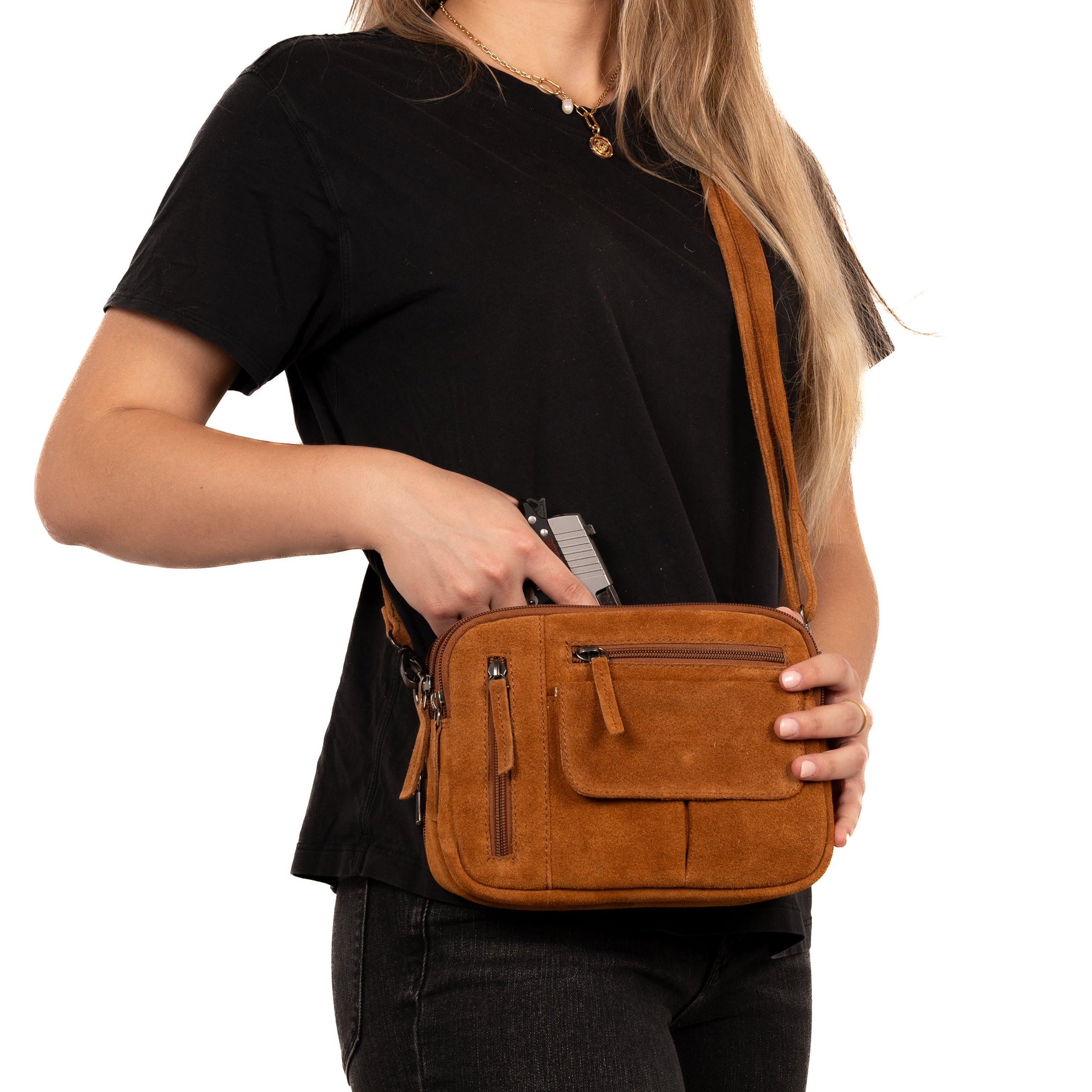 Concealed Carry Hadley Suede Crossbody by Lady Conceal - Anti Theft Locking Bag - Universal Holster Crossbody - Gifts for Firearm Users - Tactical Pistol Purse