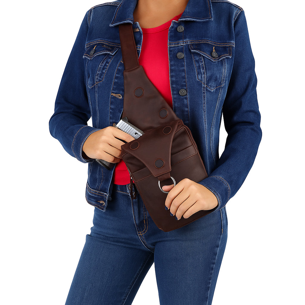 Concealed Carry Unisex Dakota Leather Sling by Lady Conceal - Magnetic Firearm Bag - Fast Draw CCW bag -  Universal Holster Pistol Sling - Unisex Gun Leather Backpack - Anti-Theft Gun Bag with Locking Zippers