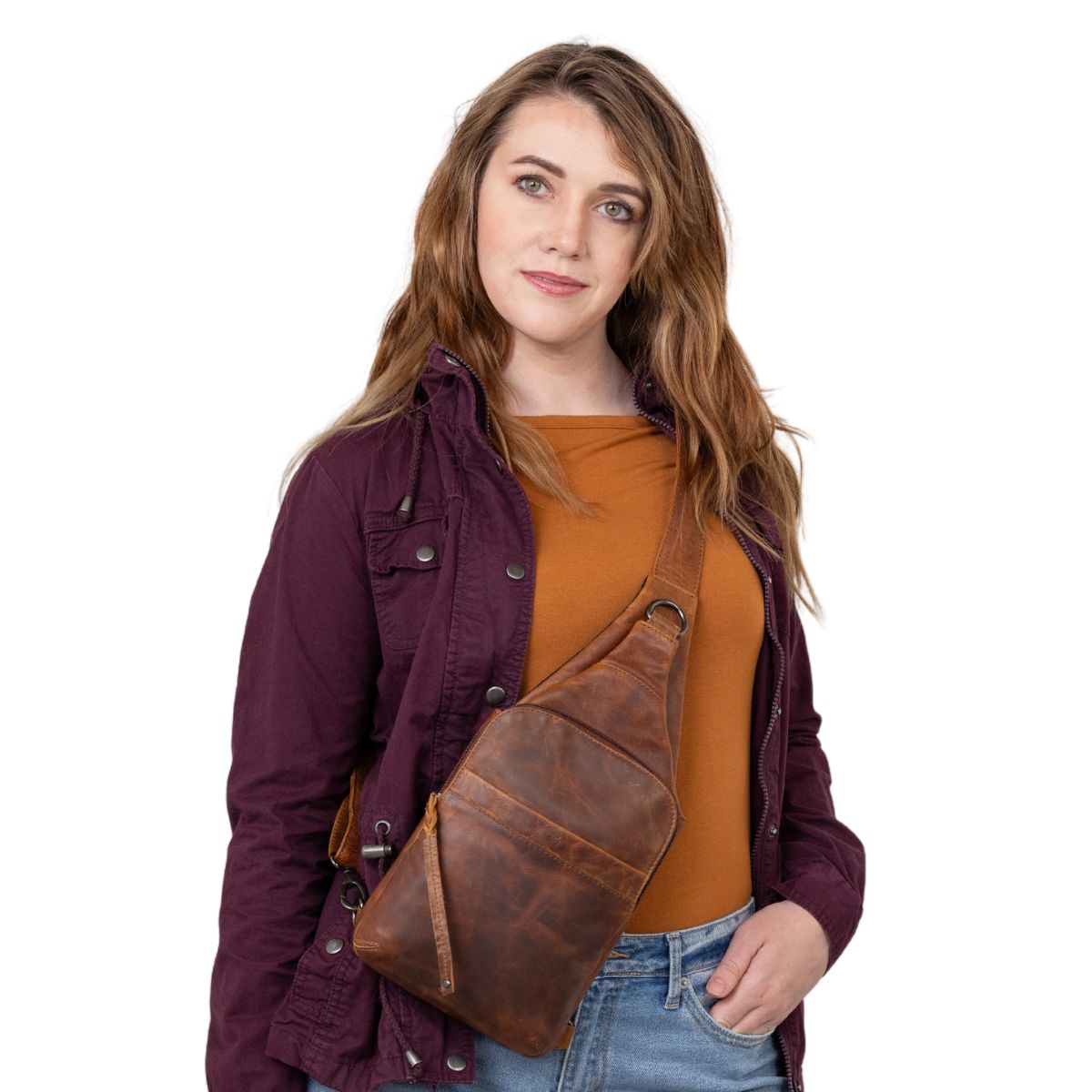 Concealed Carry Unisex Dakota Leather Sling by Lady Conceal - Magnetic Firearm Bag - Fast Draw CCW bag -  Universal Holster Pistol Sling - Unisex Gun Leather Backpack - Anti-Theft Gun Bag with Locking Zippers