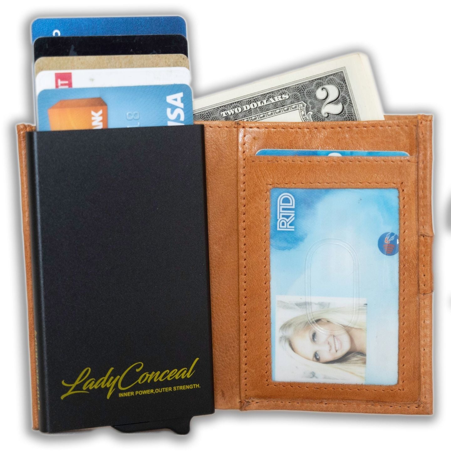 Nova RFID Compact Leather Wallet by Lady Conceal Anti Credit Card Theft RFID Protected - 100% Leather Unisex Wallet - Pop Up Wallet for Cards Bills Coins - Button Closing Wallet