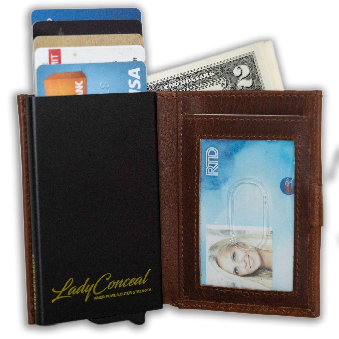Nova RFID Compact Leather Wallet by Lady Conceal Anti Credit Card Theft RFID Protected - 100% Leather Unisex Wallet - Pop Up Wallet for Cards Bills Coins - Button Closing Wallet